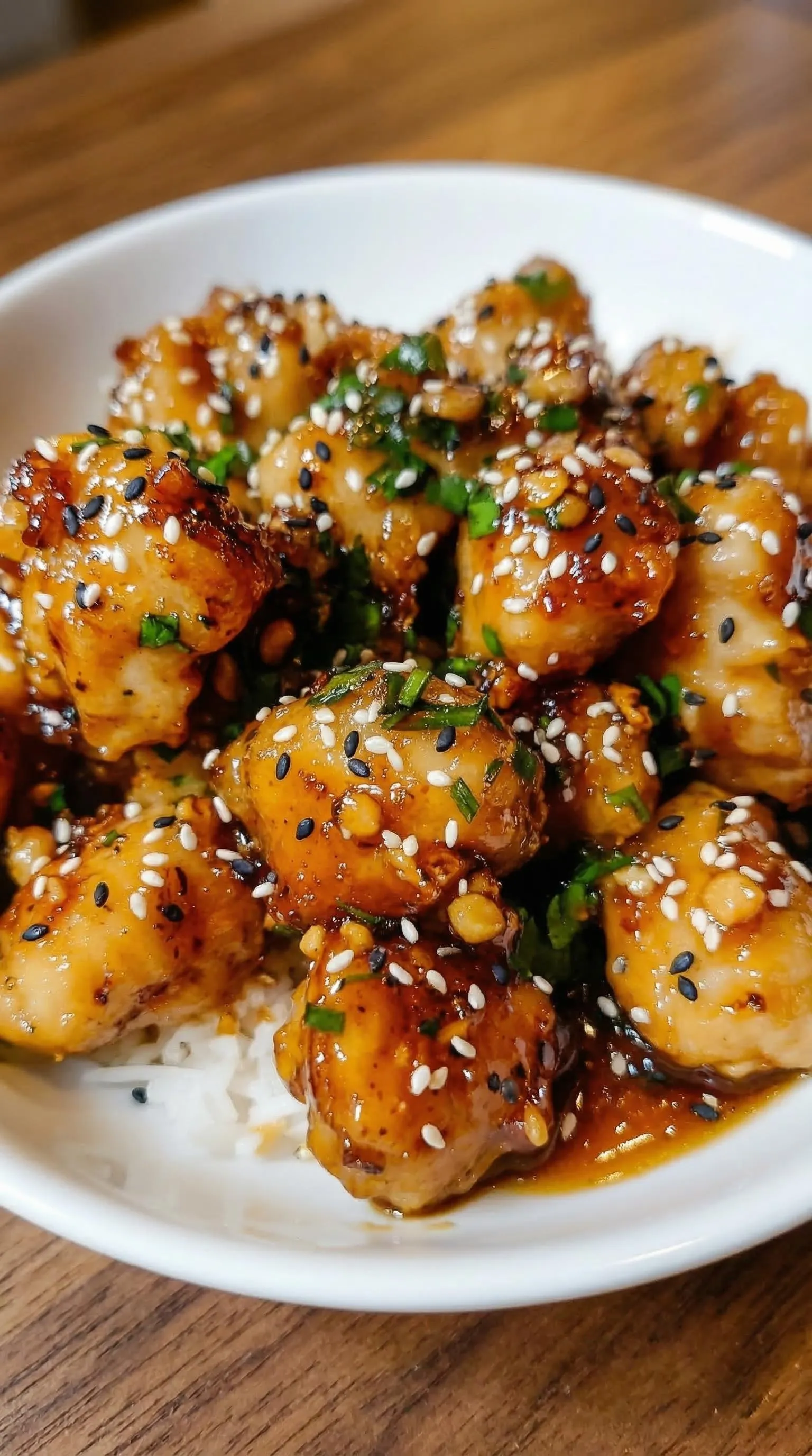 Karamellisiertes Sesam-Hähnchen mit Sesamkörnchen und grünen Zutaten.
