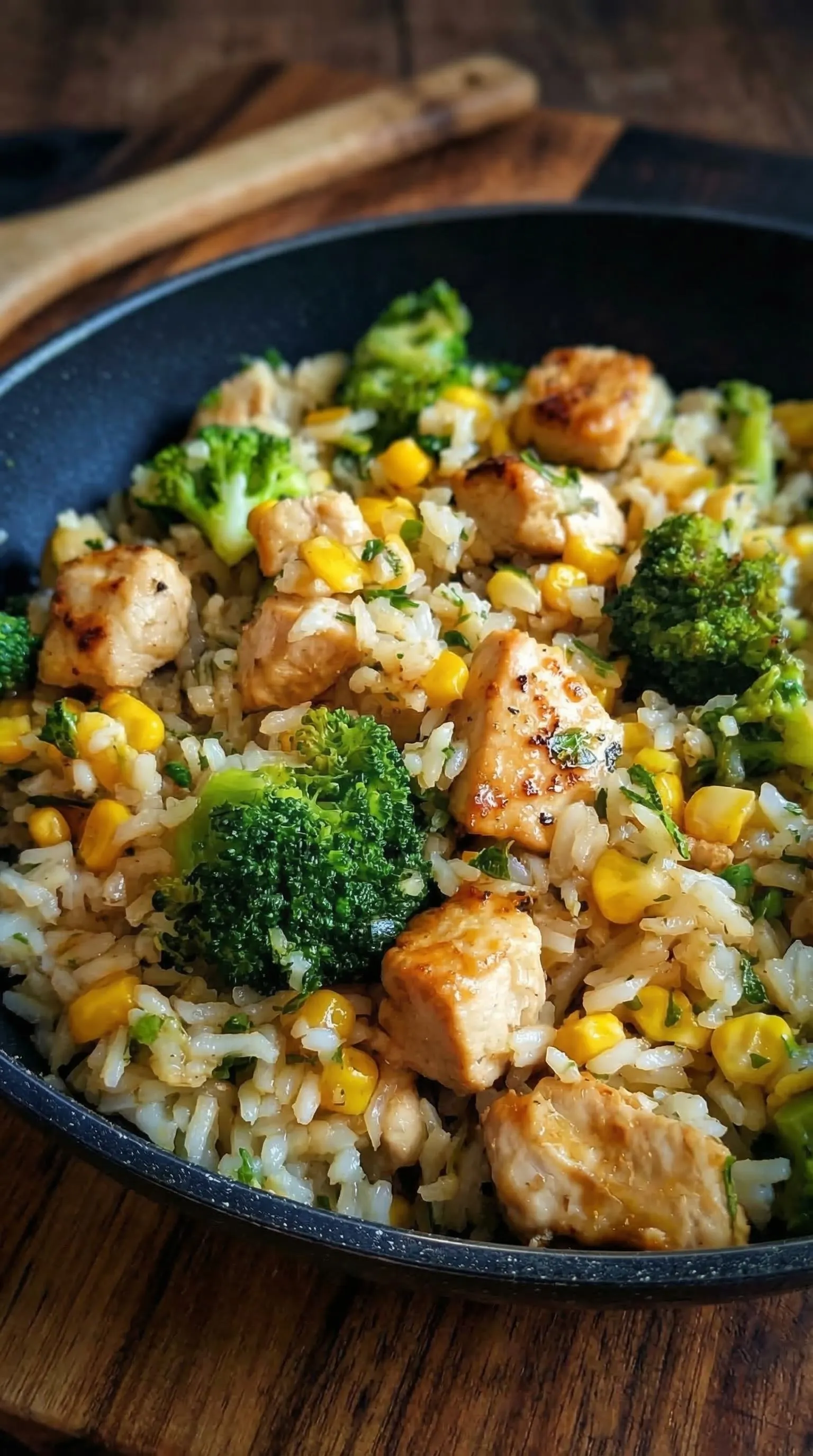 Pfanne mit Reis und Hähnchen, die mit Brokkoli und Mais garniert ist.