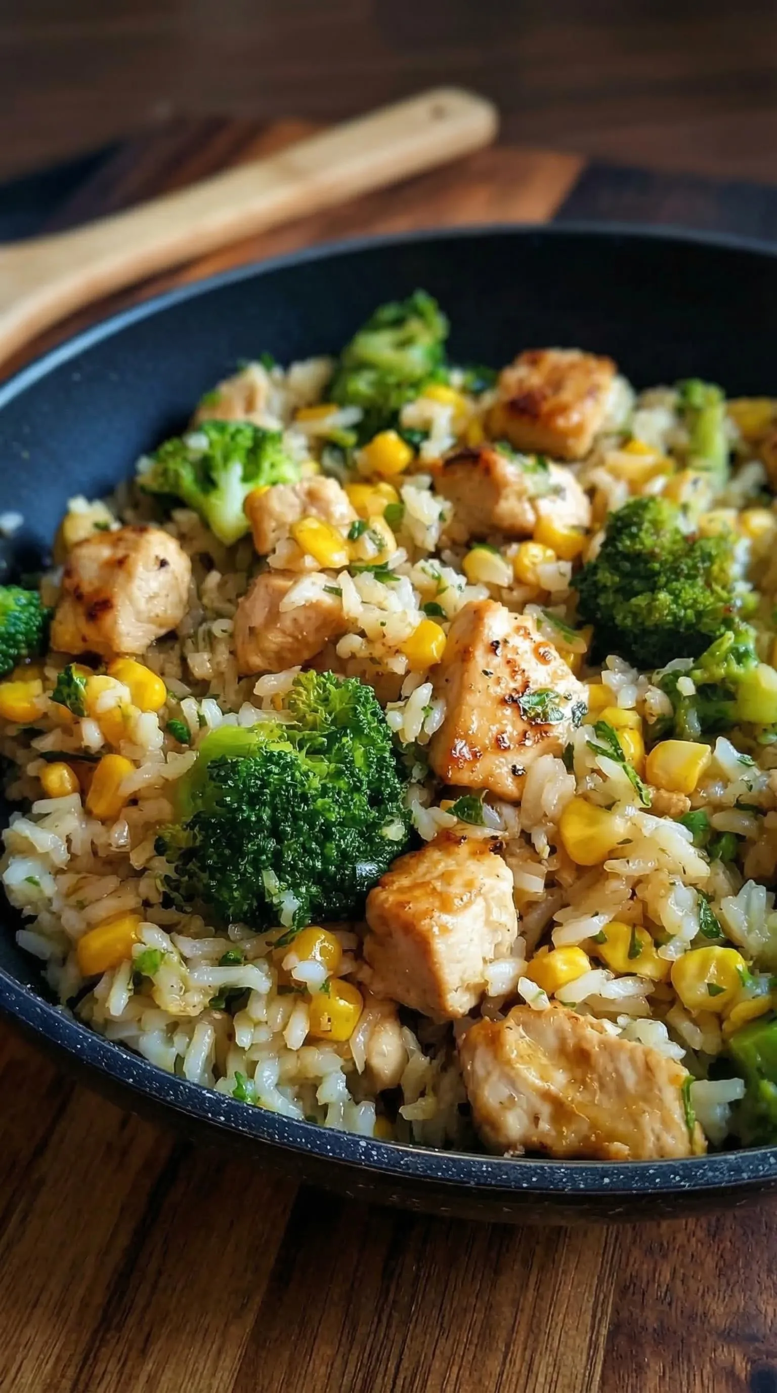 Eine Pfanne mit Reis und Hähnchen, die mit Brokkoli und Mais garniert ist.