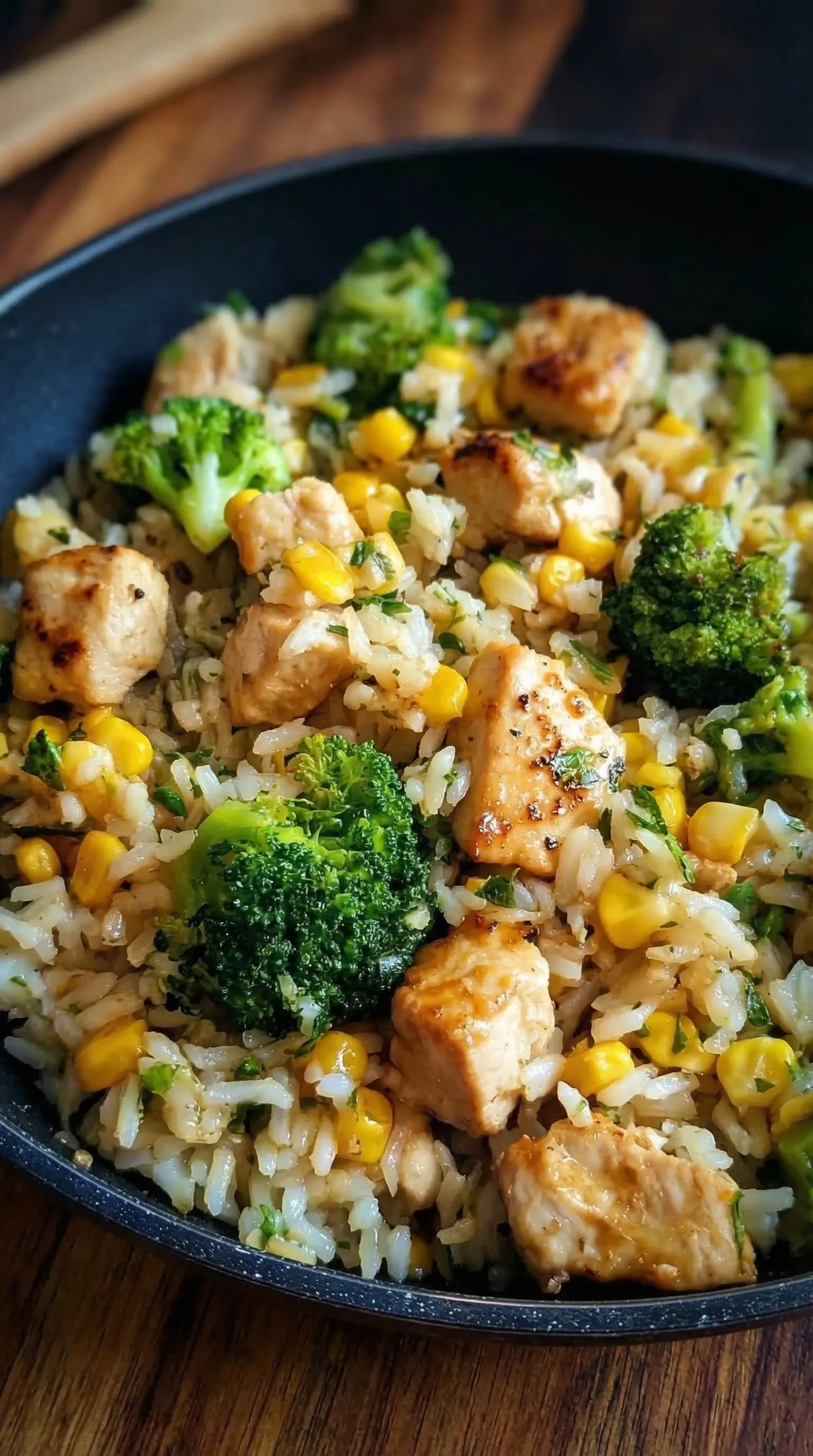 Eine Pfanne mit Hähnchen-Reis-Pfanne mit Brokkoli und Mais.
