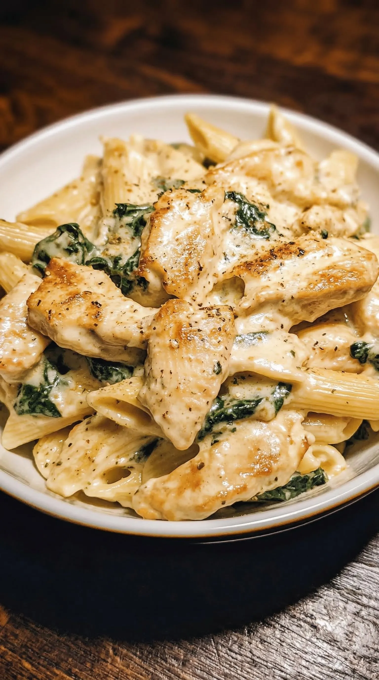 Ein Bild von einer Pasta-Gerichte, die mit Frischkäse, Spinat und Hähnchen zubereitet wurde.