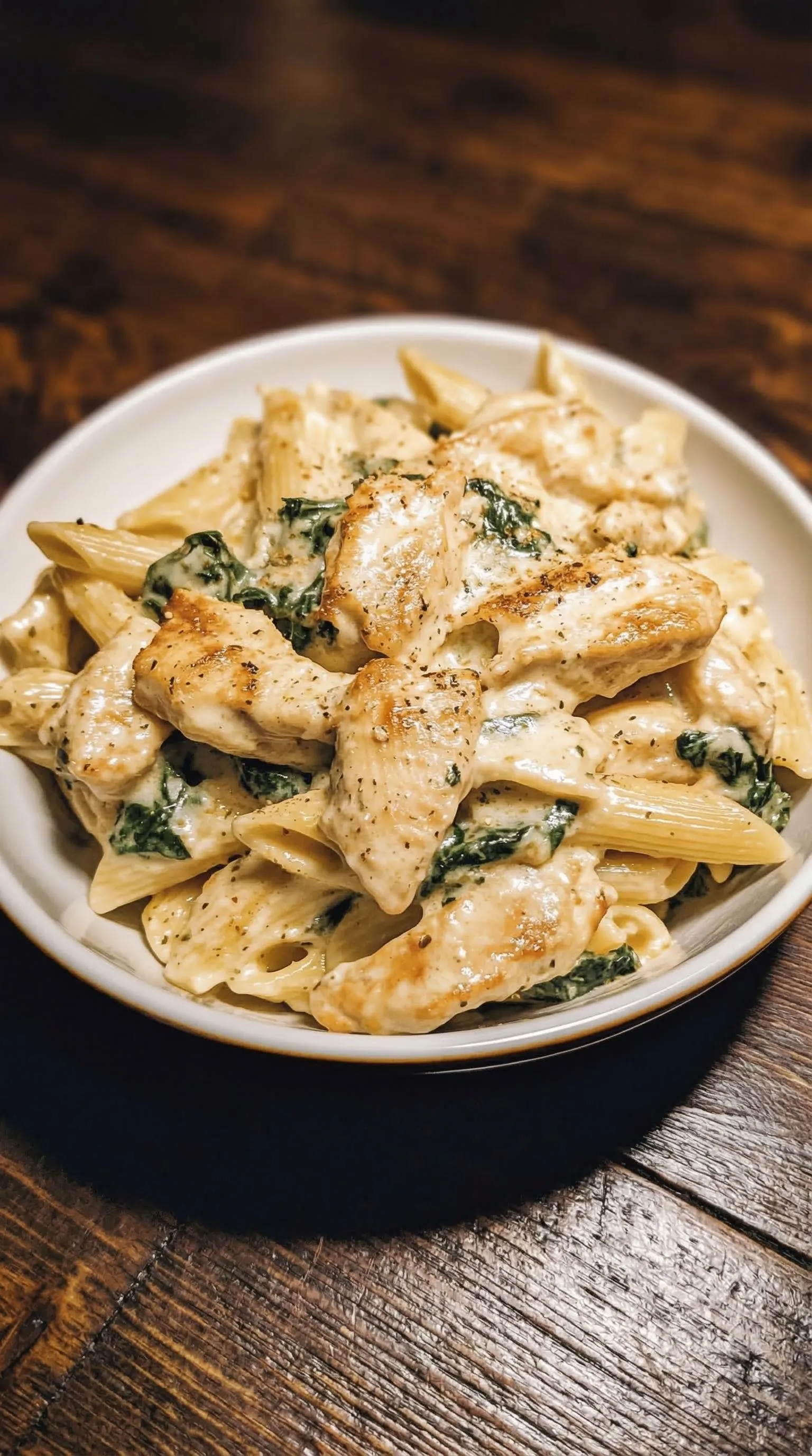 Ein weißer Teller mit Pasta, Spinat, Hähnchen und Frischkäse.