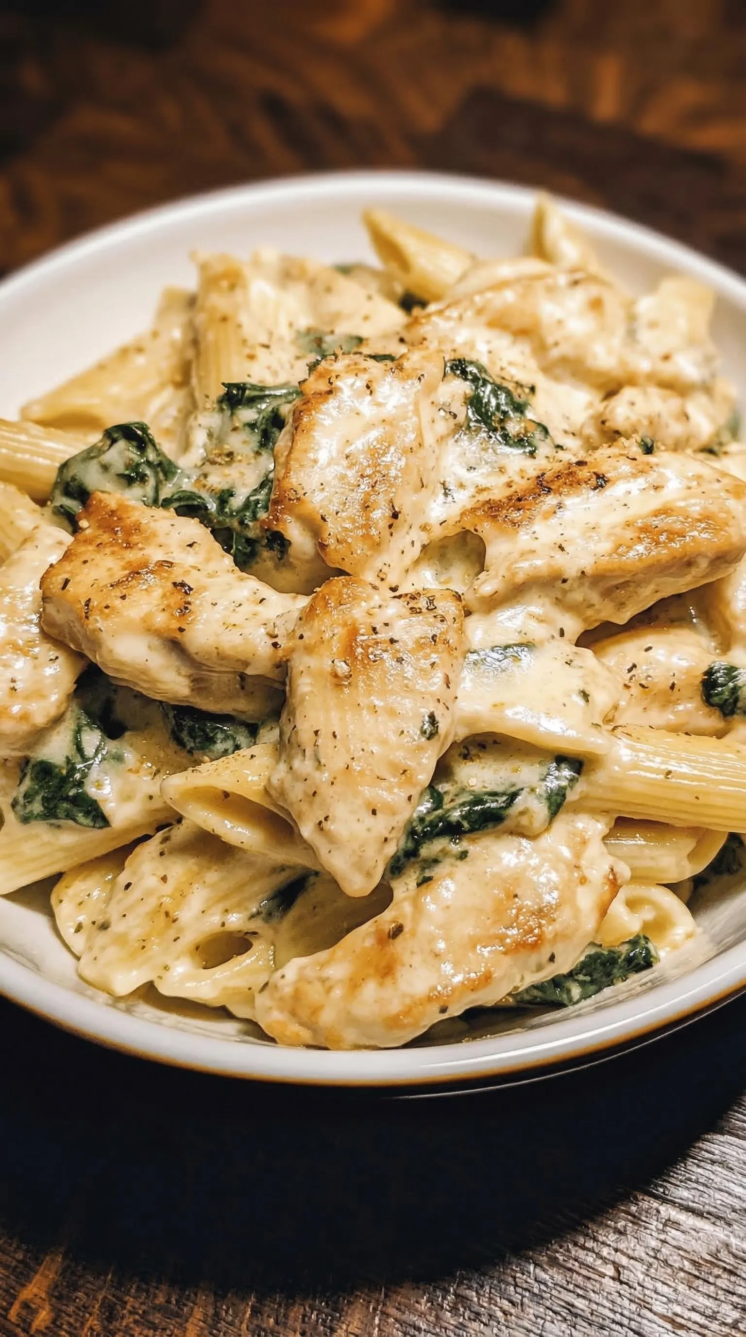 Ein Bild von einer Pasta-Gerichte, die mit Frischkäse, Spinat und Hähnchen zubereitet wurde.