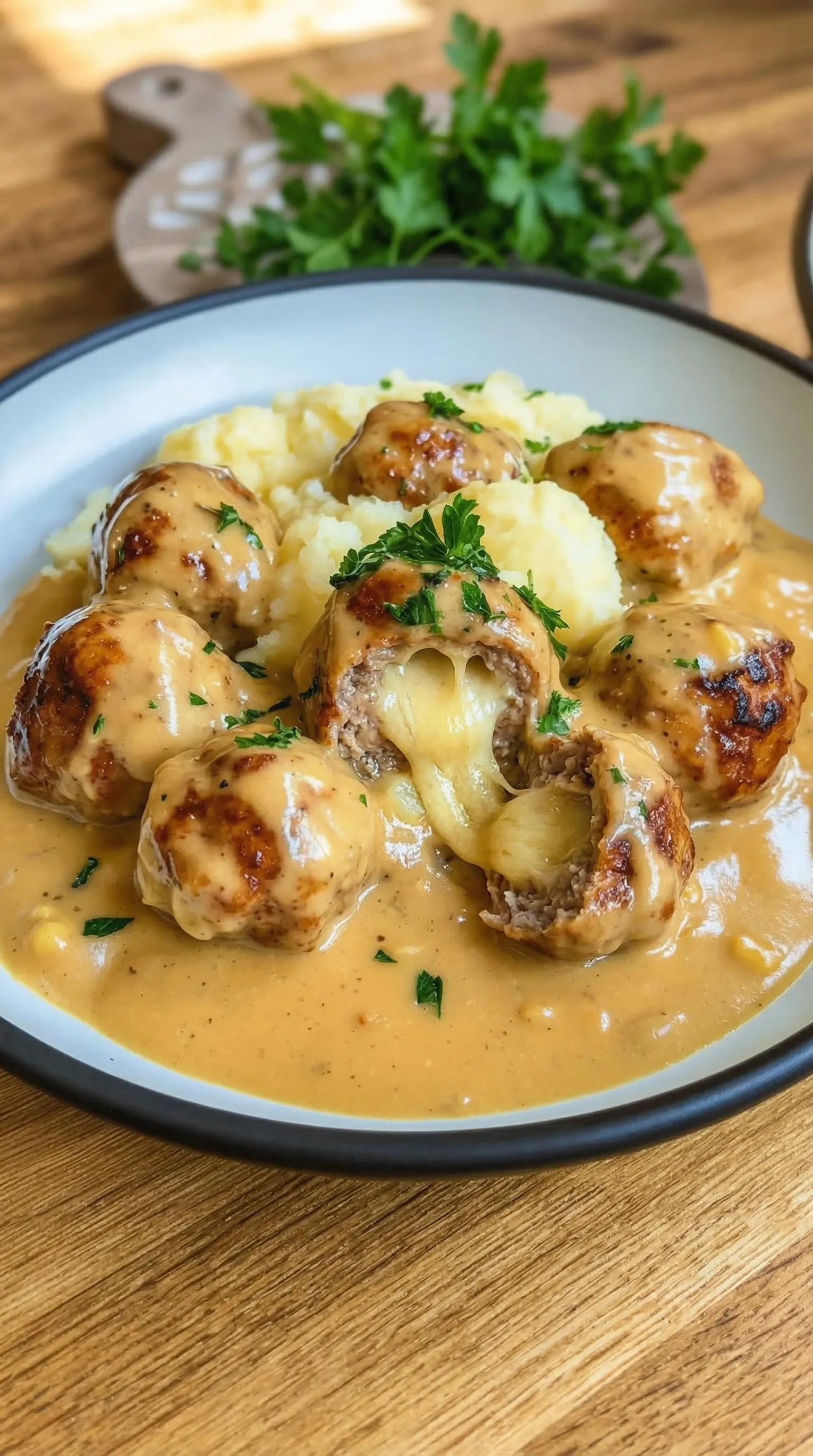 Ein Bild zeigt eine Schüssel mit Hackbällchen in cremiger Sauce und Kartoffelpüree.