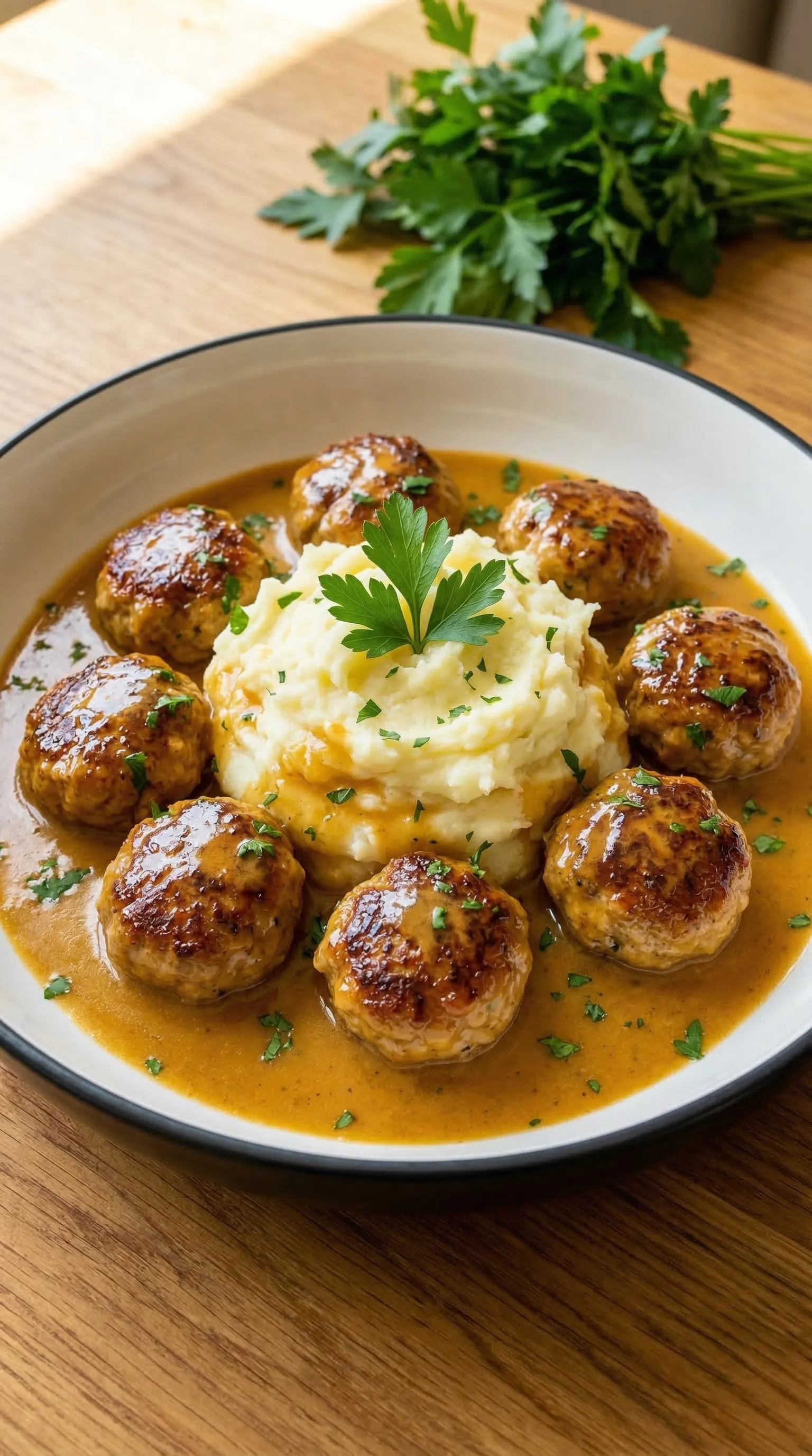 Ein Plate mit Hackbällchen in cremiger Sauce und Kartoffelpüree.