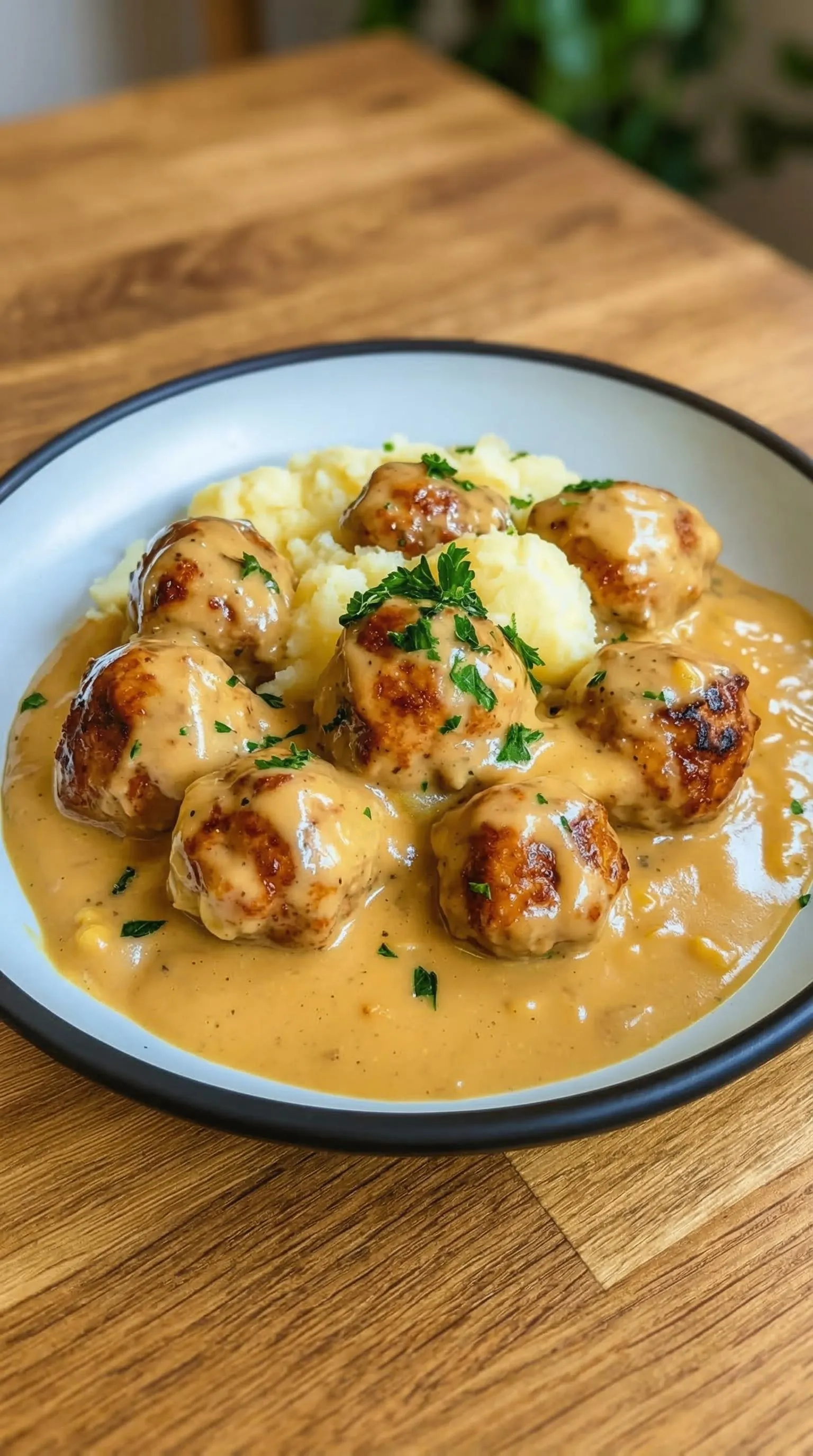 Ein Bild von Hackbällchen in cremiger Sauce mit Kartoffelpüree.