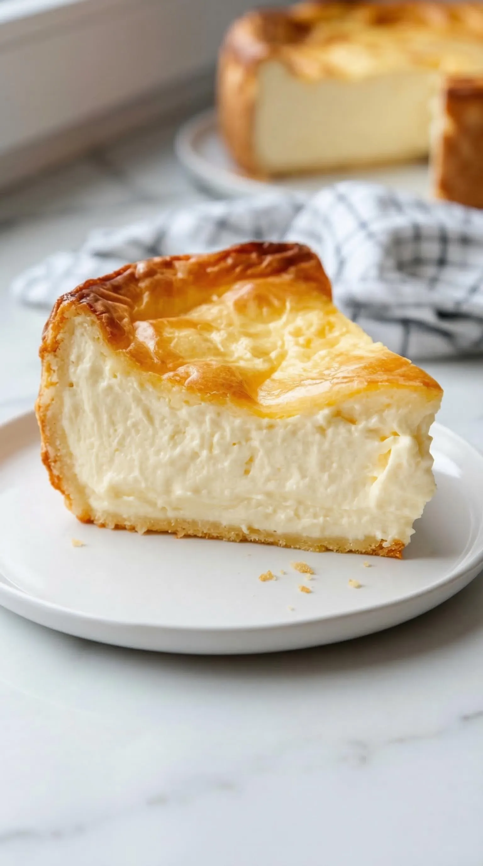Ein Stück Käsekuchen auf einem weißen Plate.