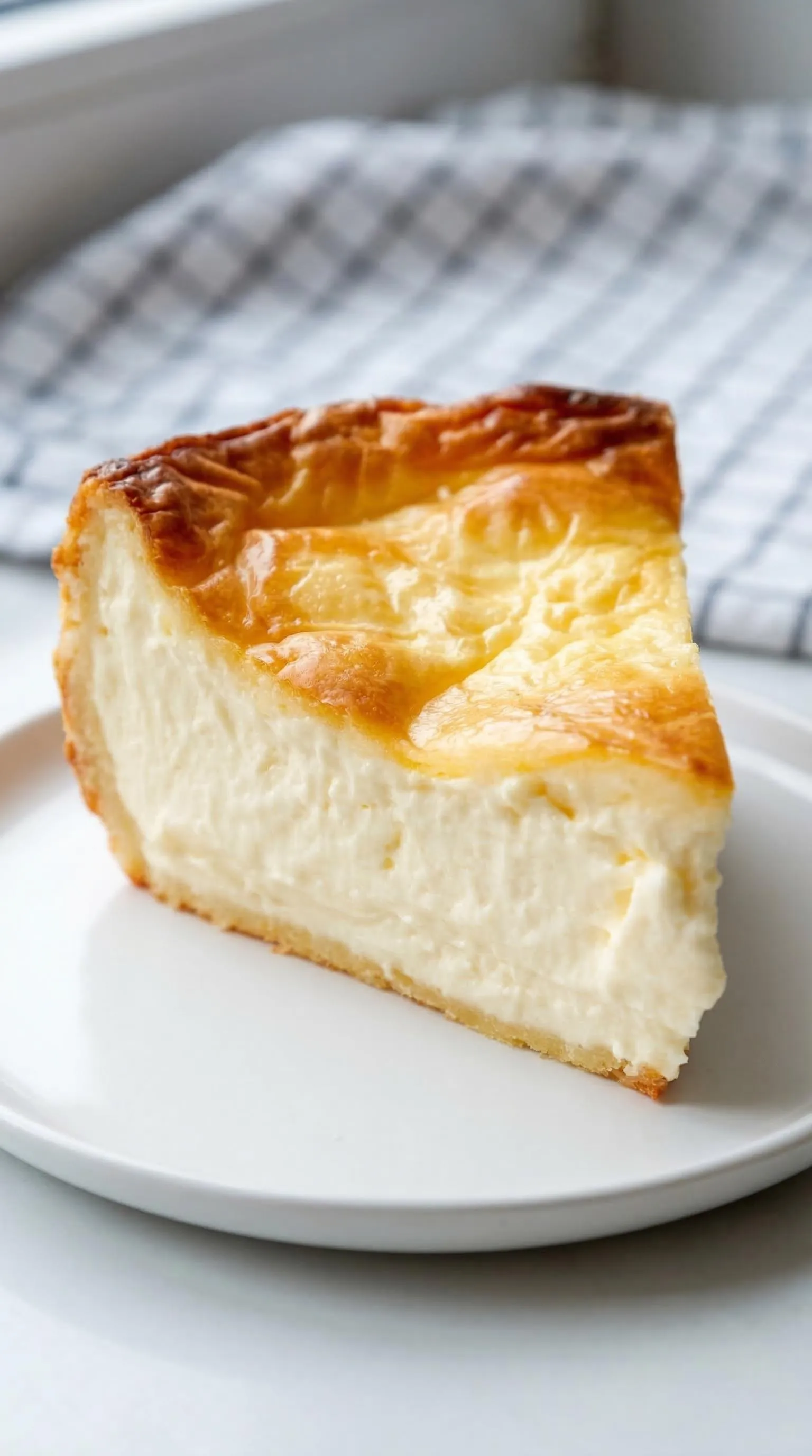 Ein Stück Käsekuchen auf einem weißen Teller.