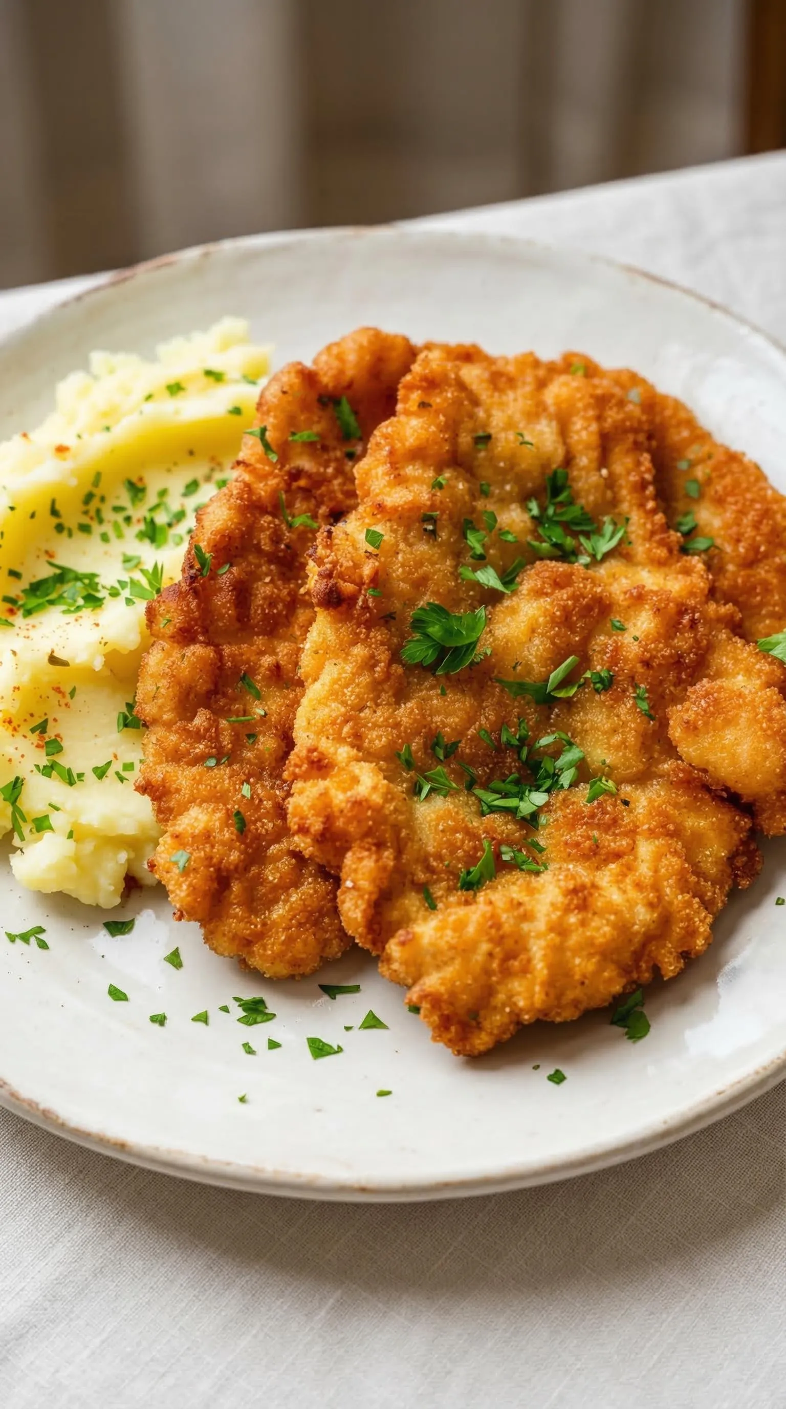 Plate mit Wiener Schnitzel und Kartoffeln.