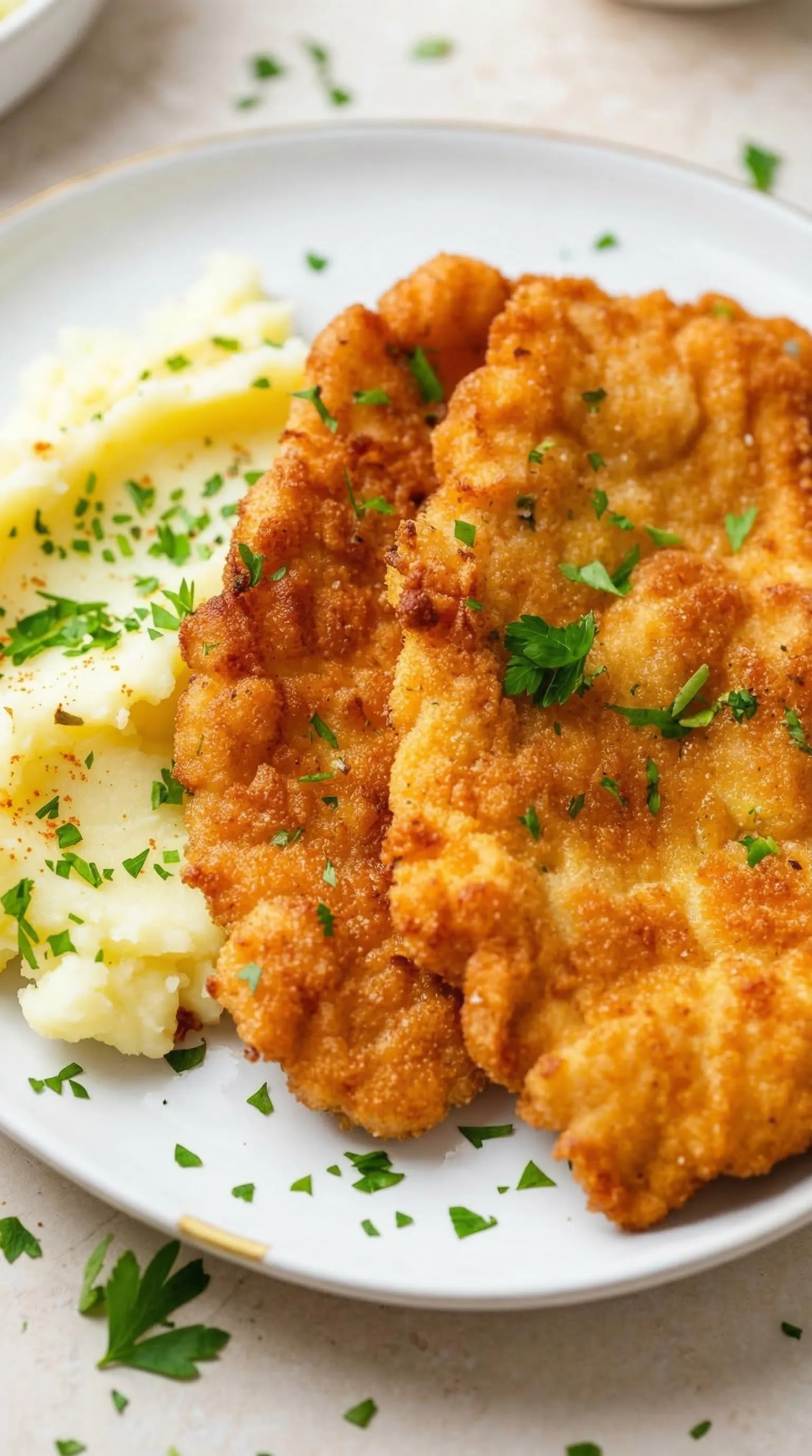 Ein Plate mit Wiener Schnitzel und Kartoffeln.