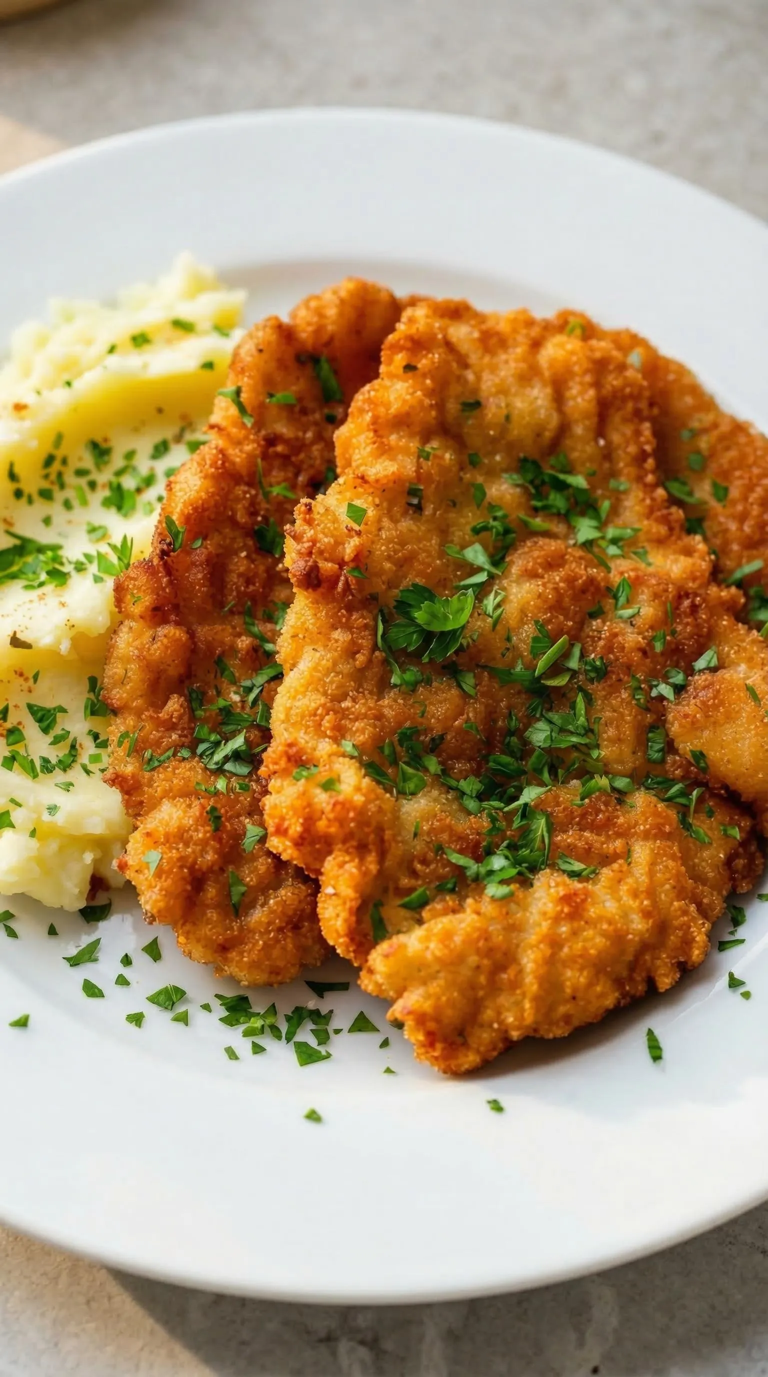 Ein Plate mit Wiener Schnitzel und Kartoffeln.