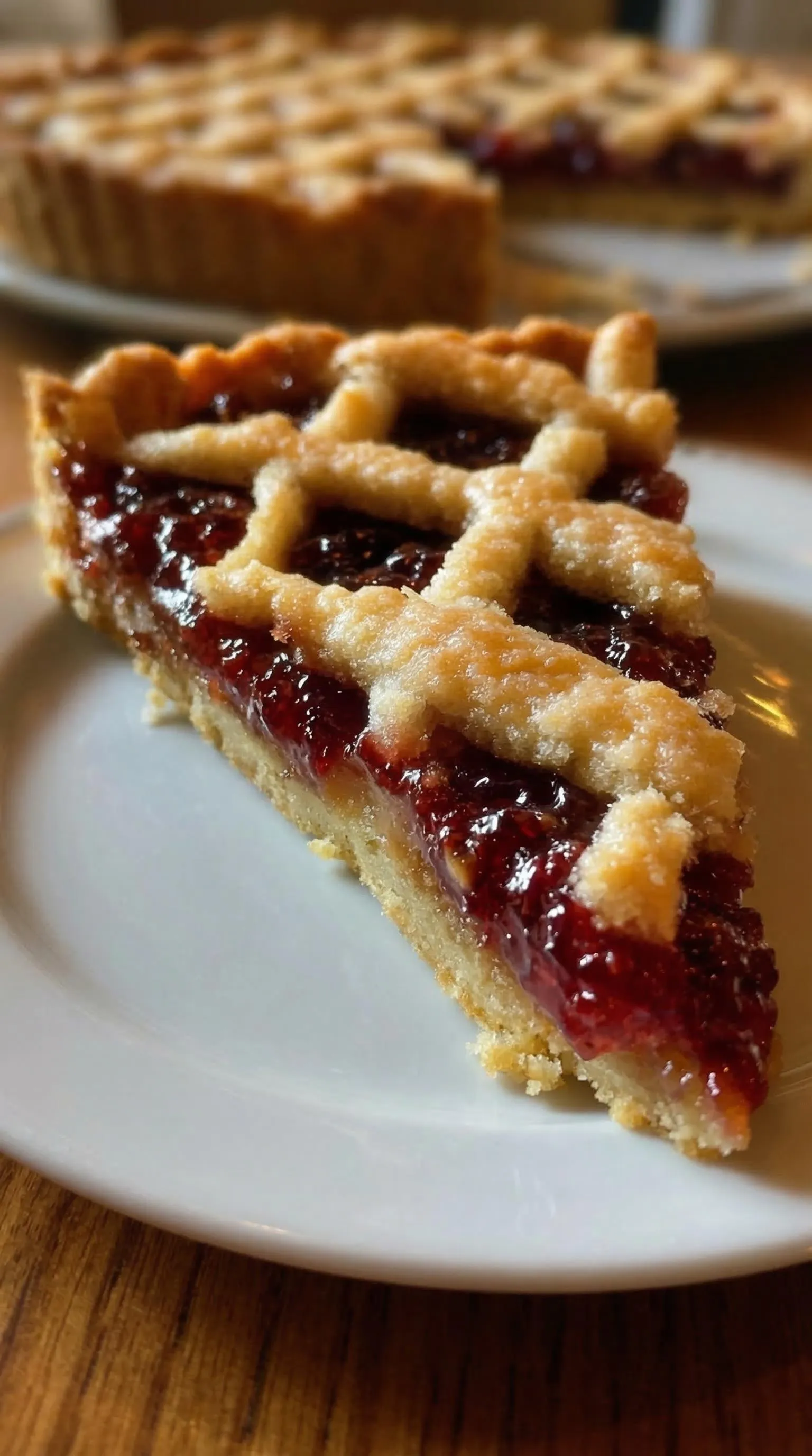 Eine halbe Linzer Torte auf einem weißen Teller.