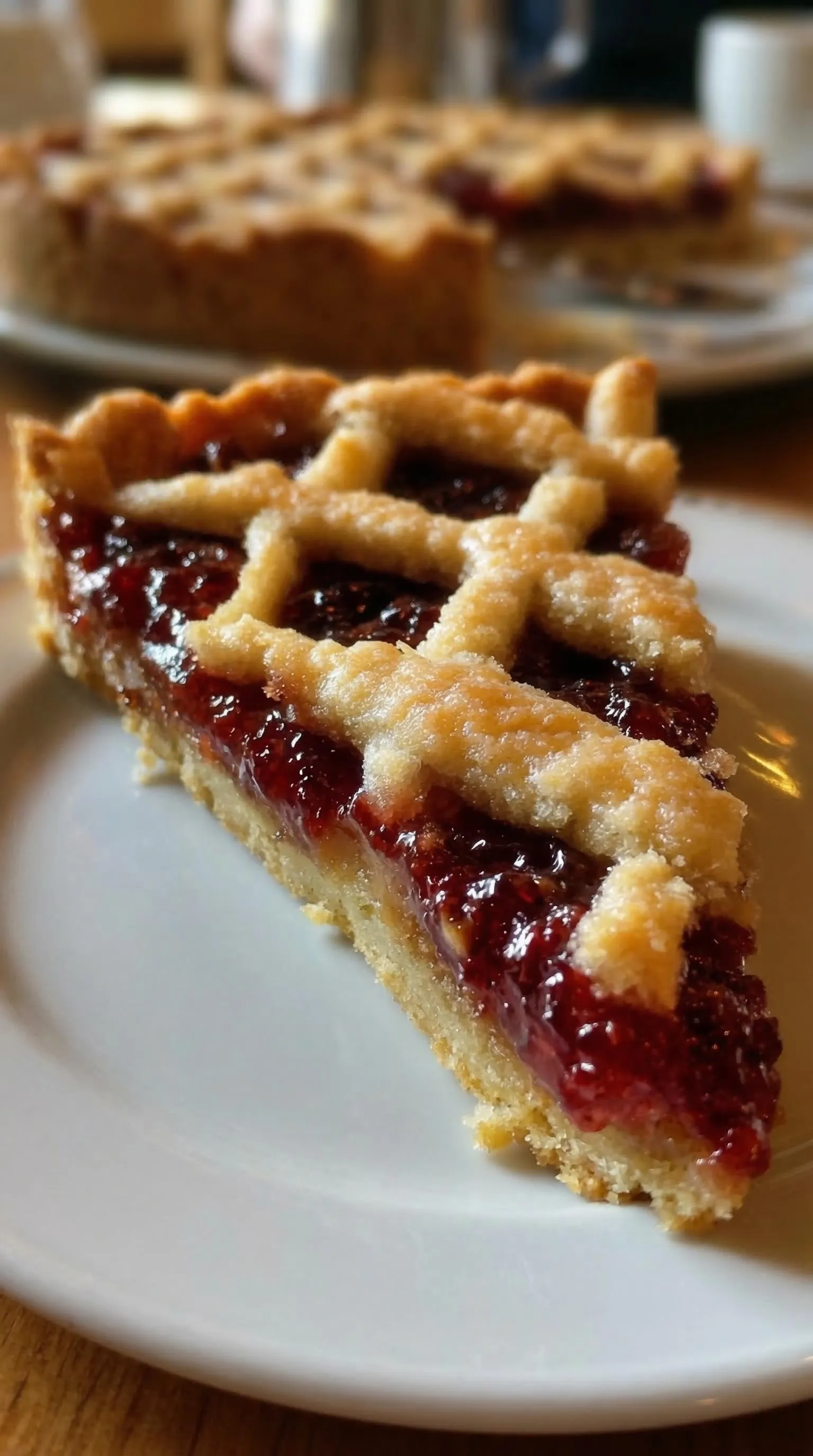 Eine Linzer Torte auf einem weißen Teller.