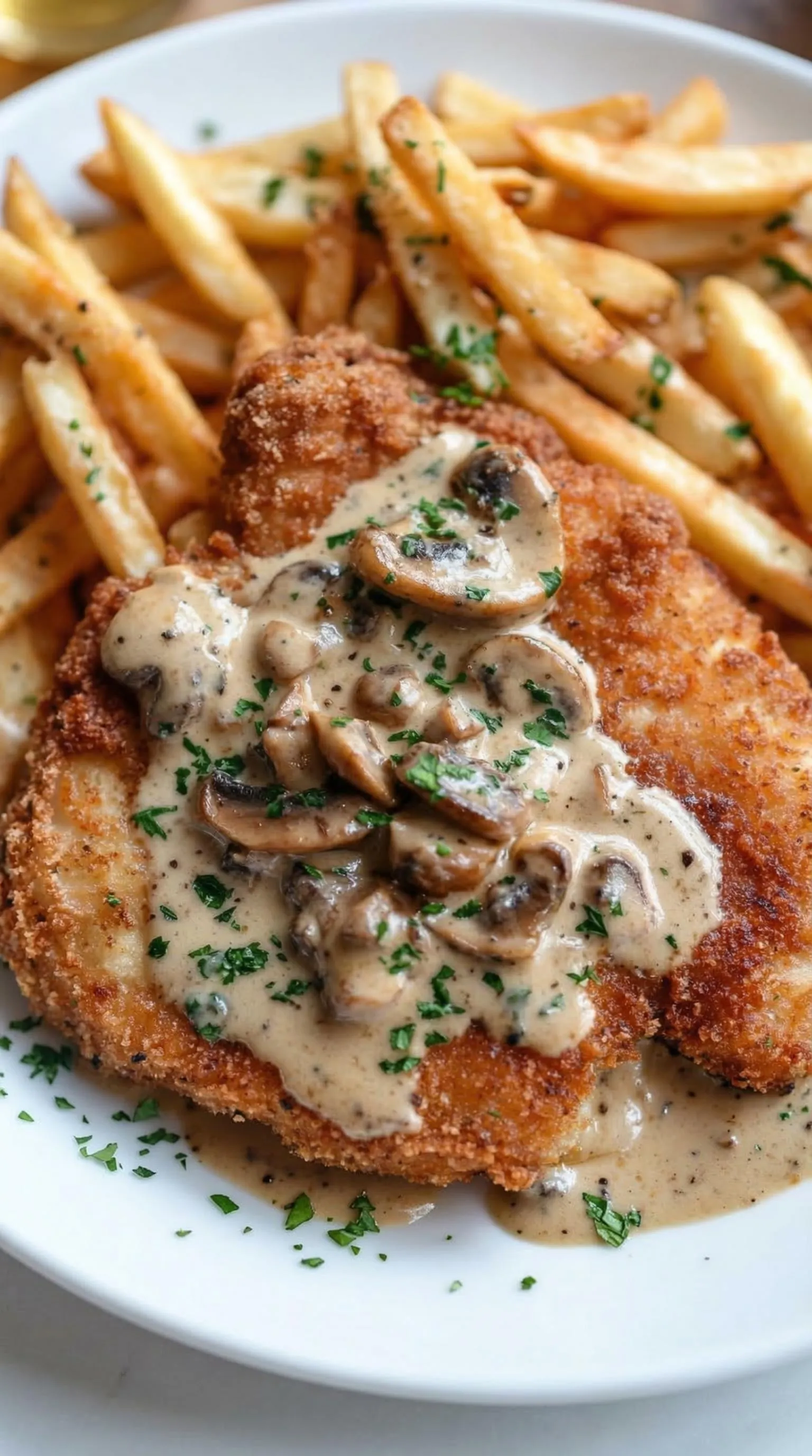 Ein Jägerschnitzel mit mushrooms, herbs und gravy.