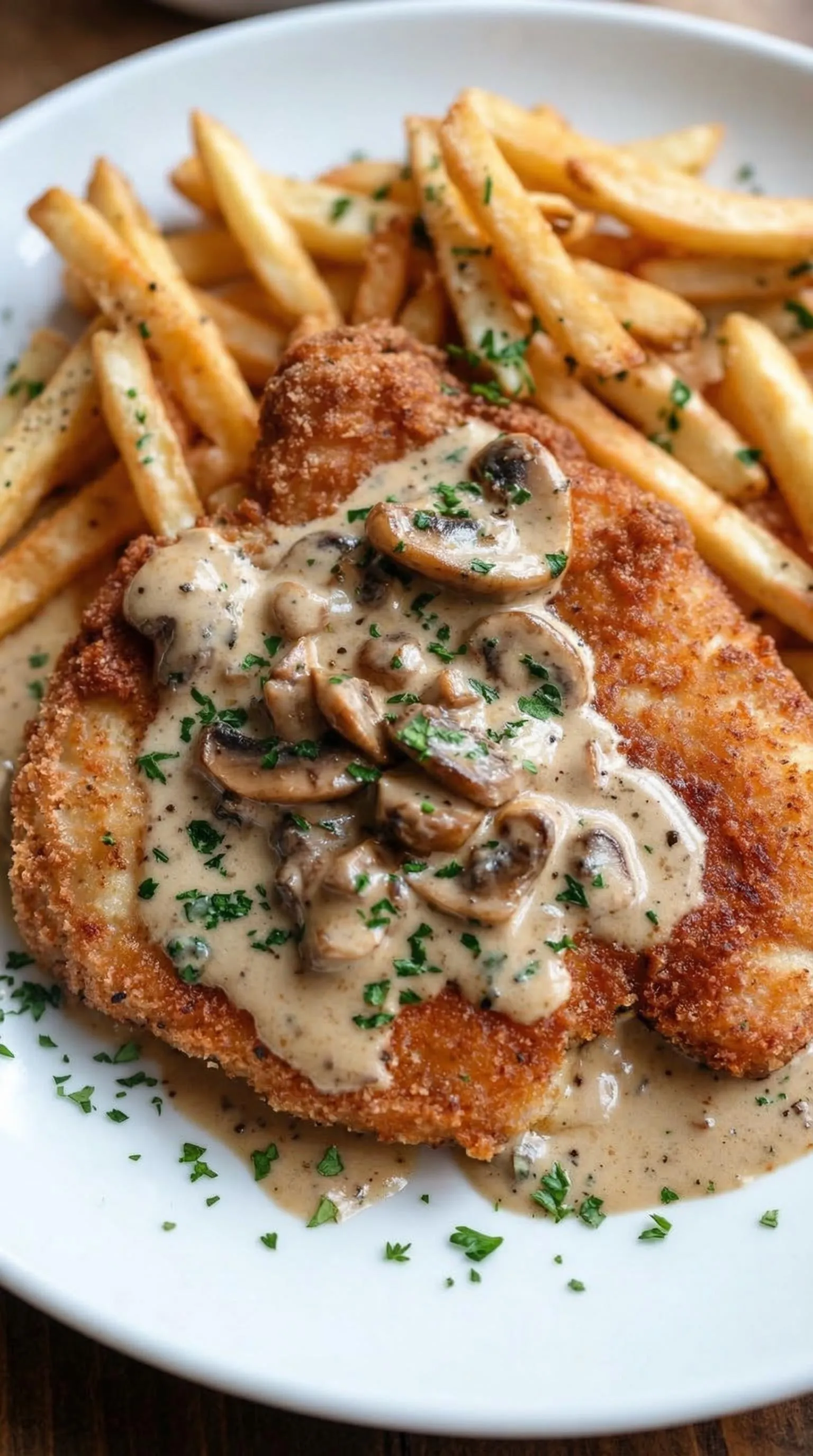 Ein Schnitzel mit Mushrooms und Sauce auf einem Teller.