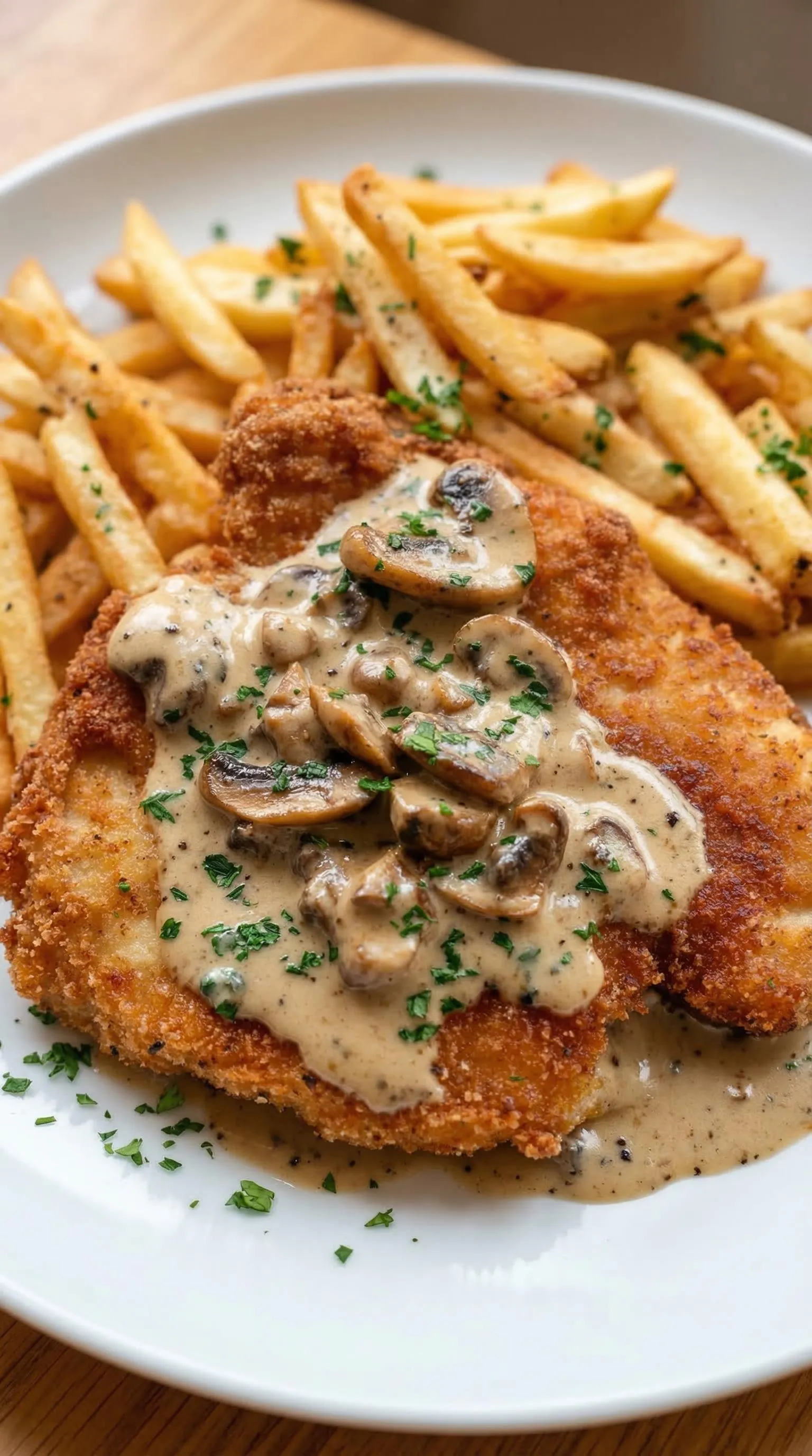 Ein Jägerschnitzel mit mushrooms und gravy auf einem Teller.