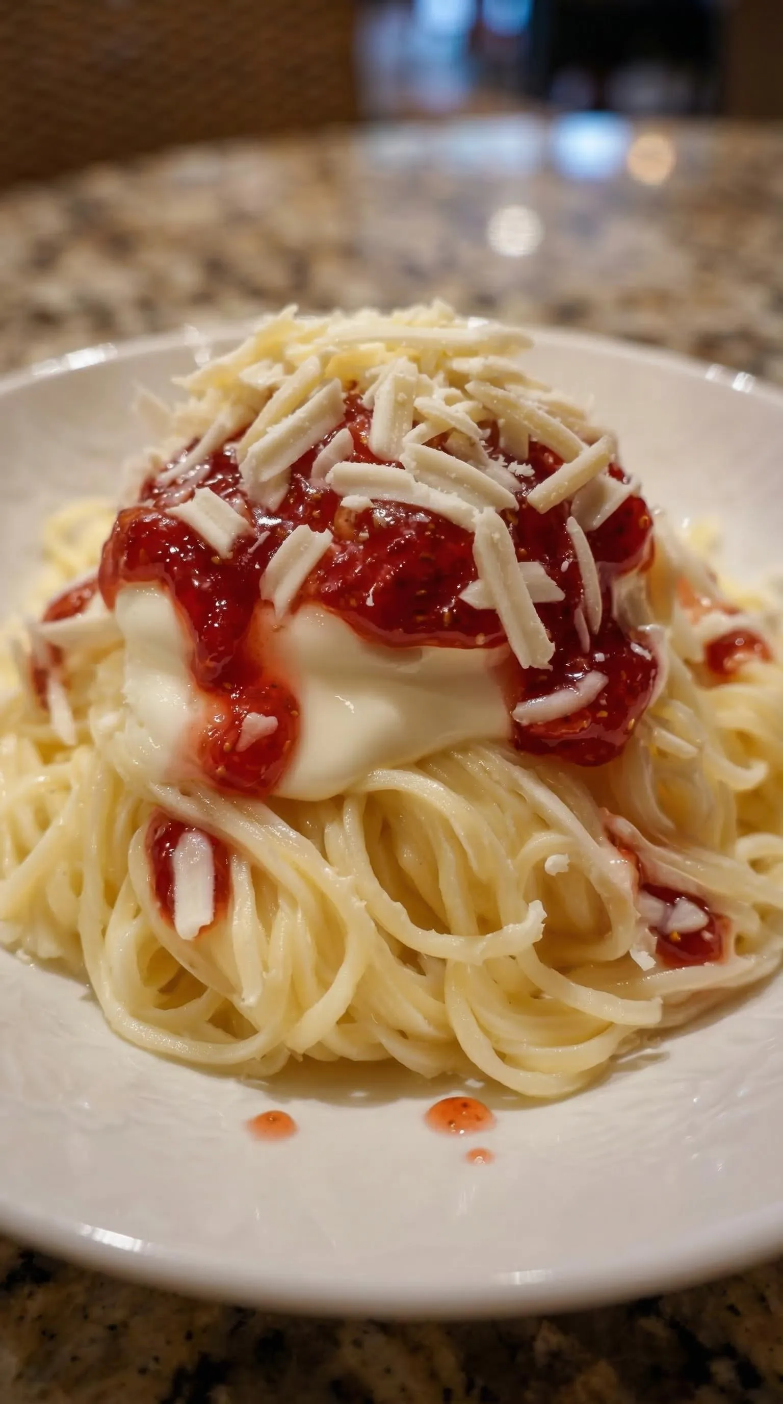 Ein Plate mit Spaghetti und Tomaten.