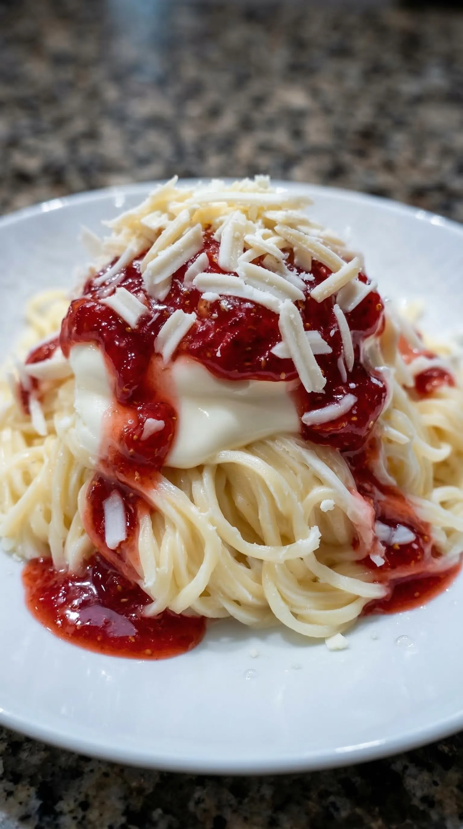 Ein Bild von Spaghettieis mit einer Kugel aus K&auml;se und roter Sauce darauf.
