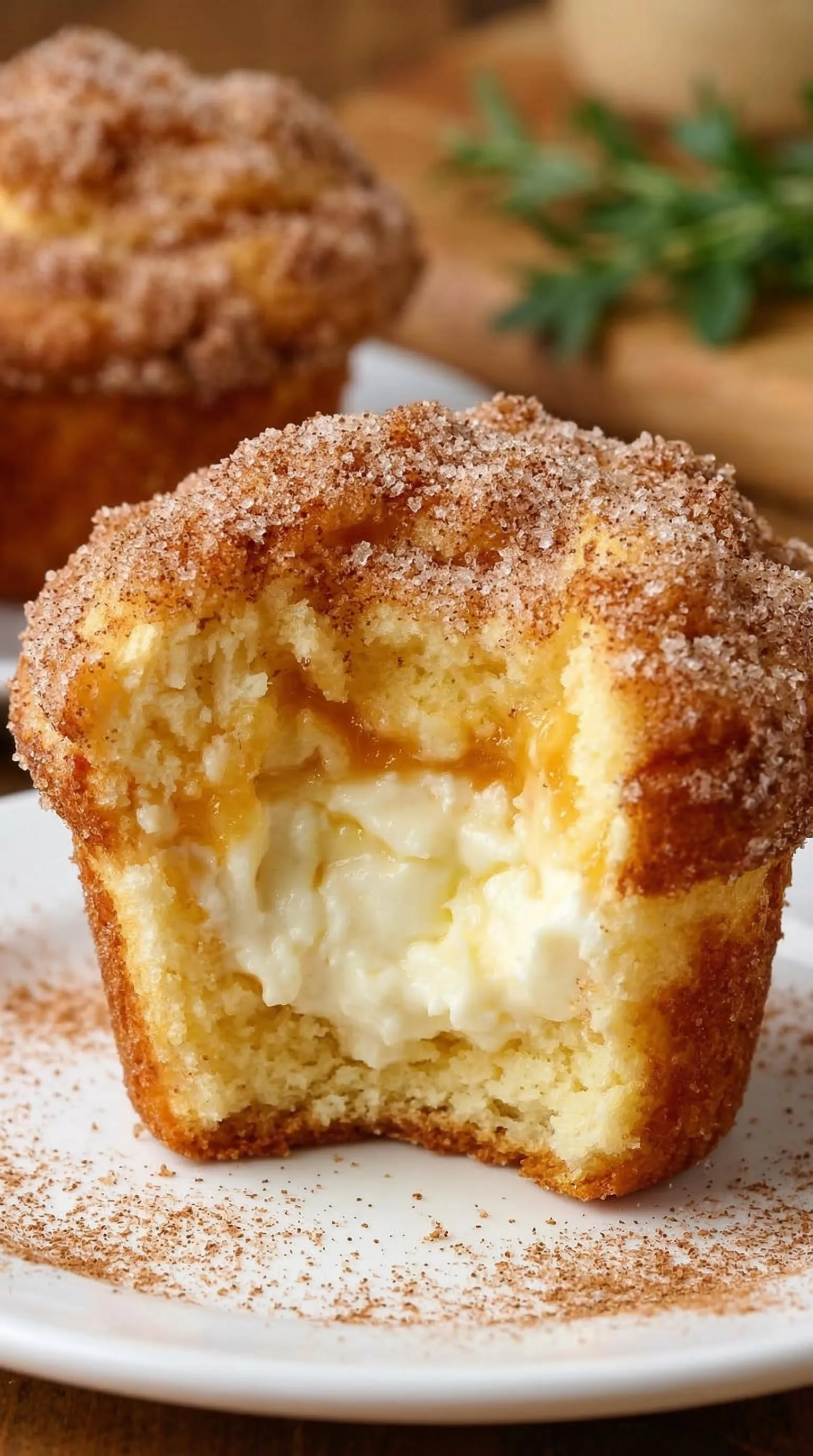 Ein Muffin mit Zimt und Käse, der in der Mitte aufgeschnitten wurde.