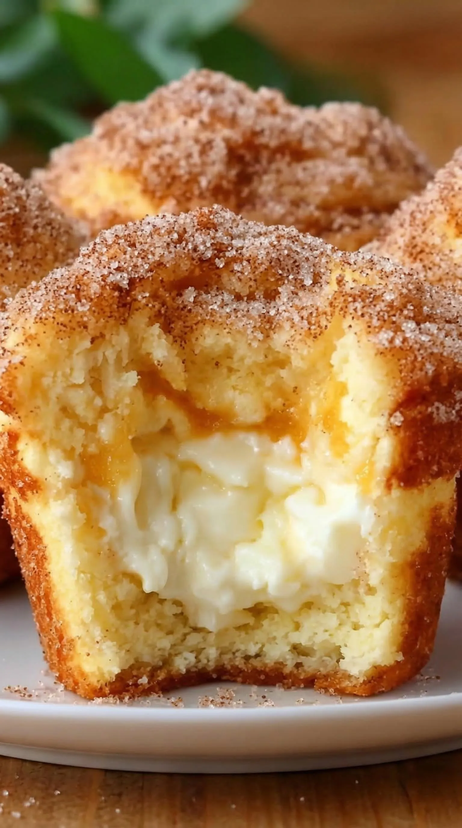 Ein Muffin mit Zimt und Käse, der in der Mitte aufgeteilt wird, um den Inhalt zu zeigen.
