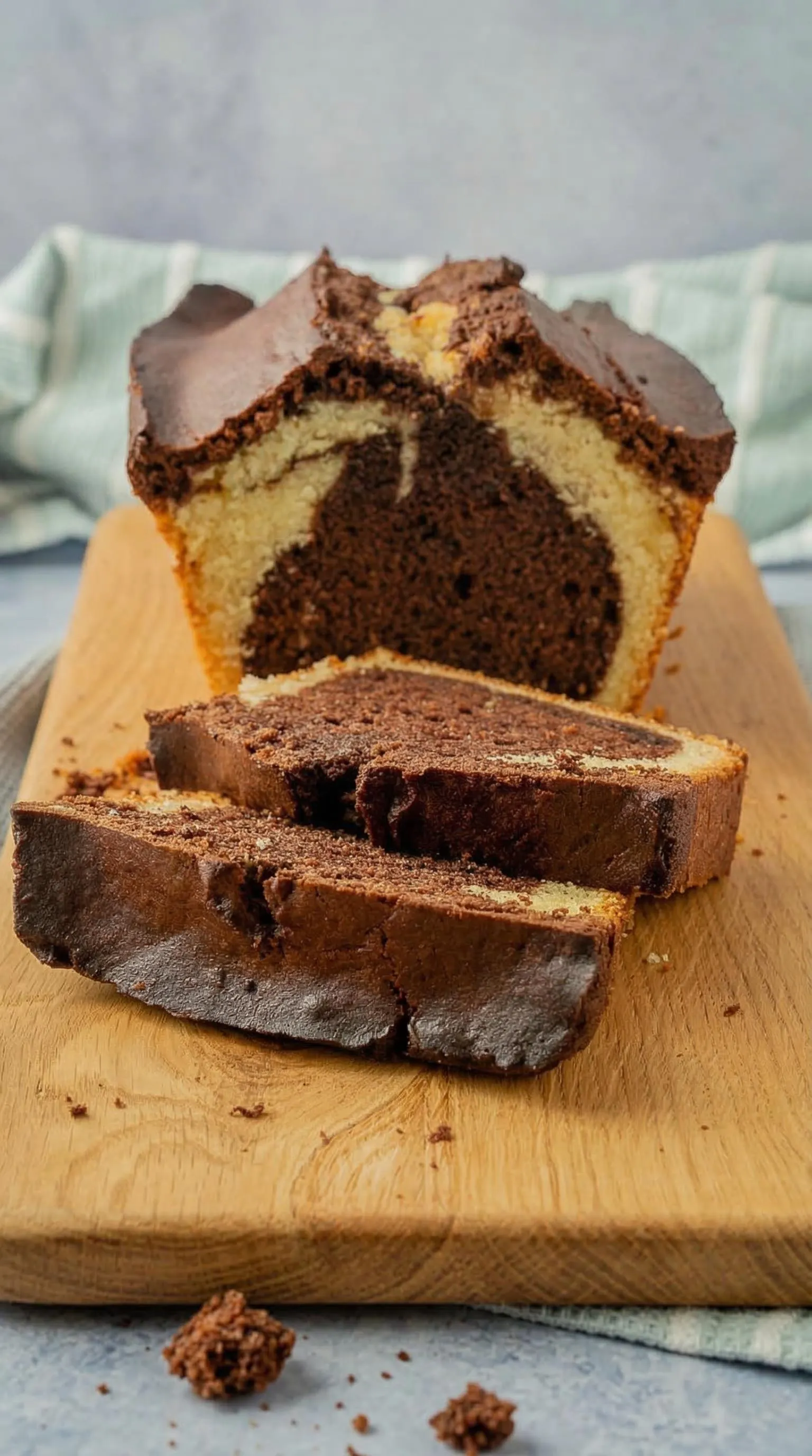 Ein Marmorkuchen, der in Stücke geschnitten wurde, auf einem Holzbrett.