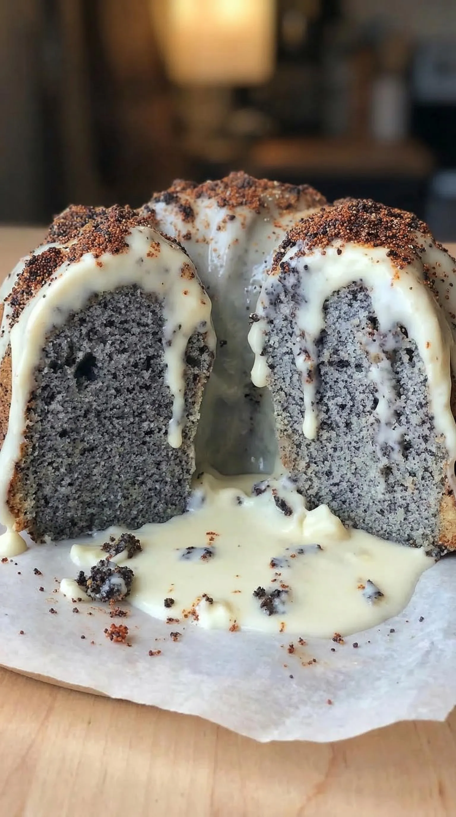 Ein Joghurt-Mohn-Guglhupf mit einer Schicht von Joghurt darüber.