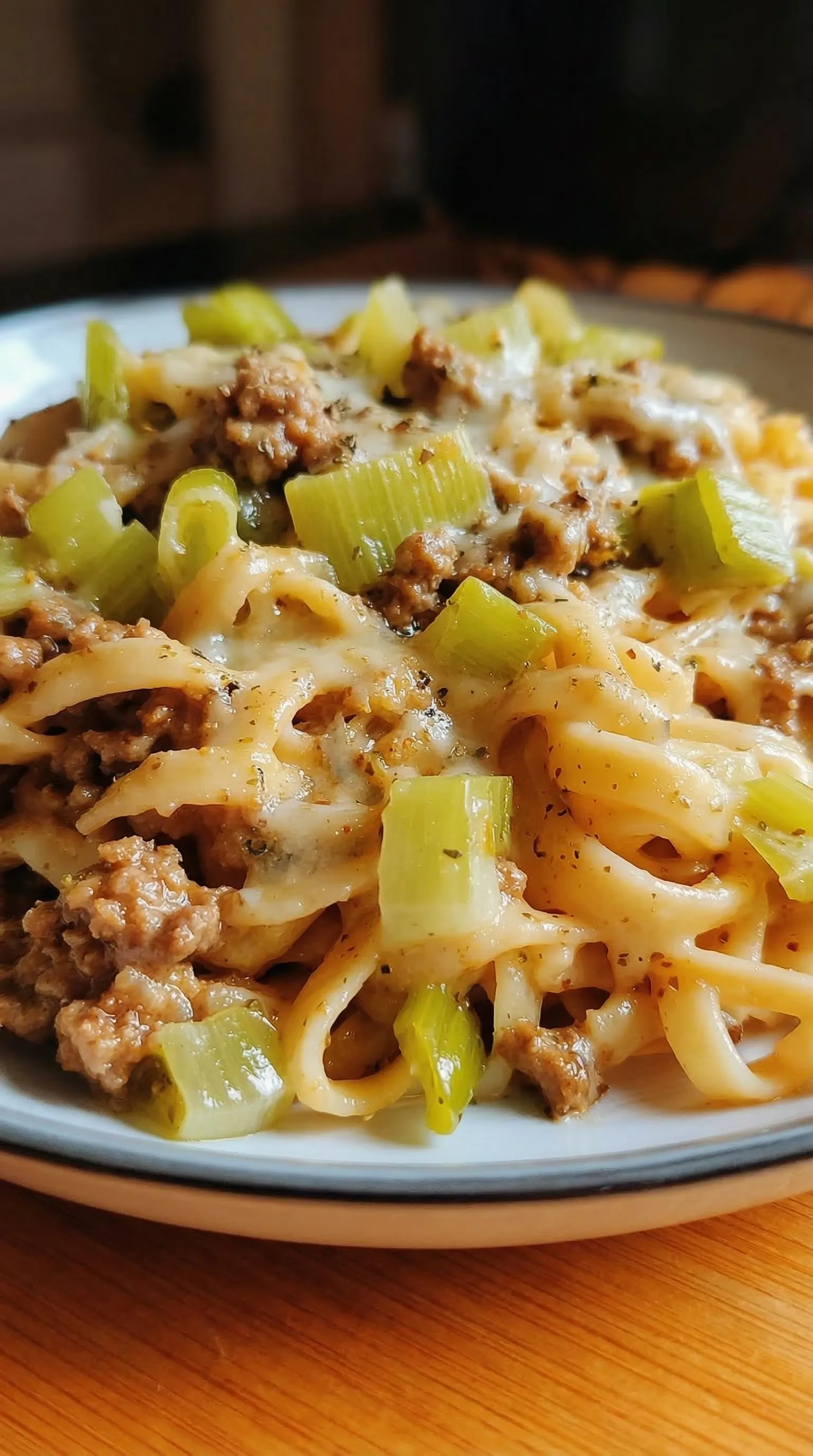 Ein Bild von einer Käse-Lauch Pasta mit Hackfleisch, die auf einem weißen Teller serviert wird.