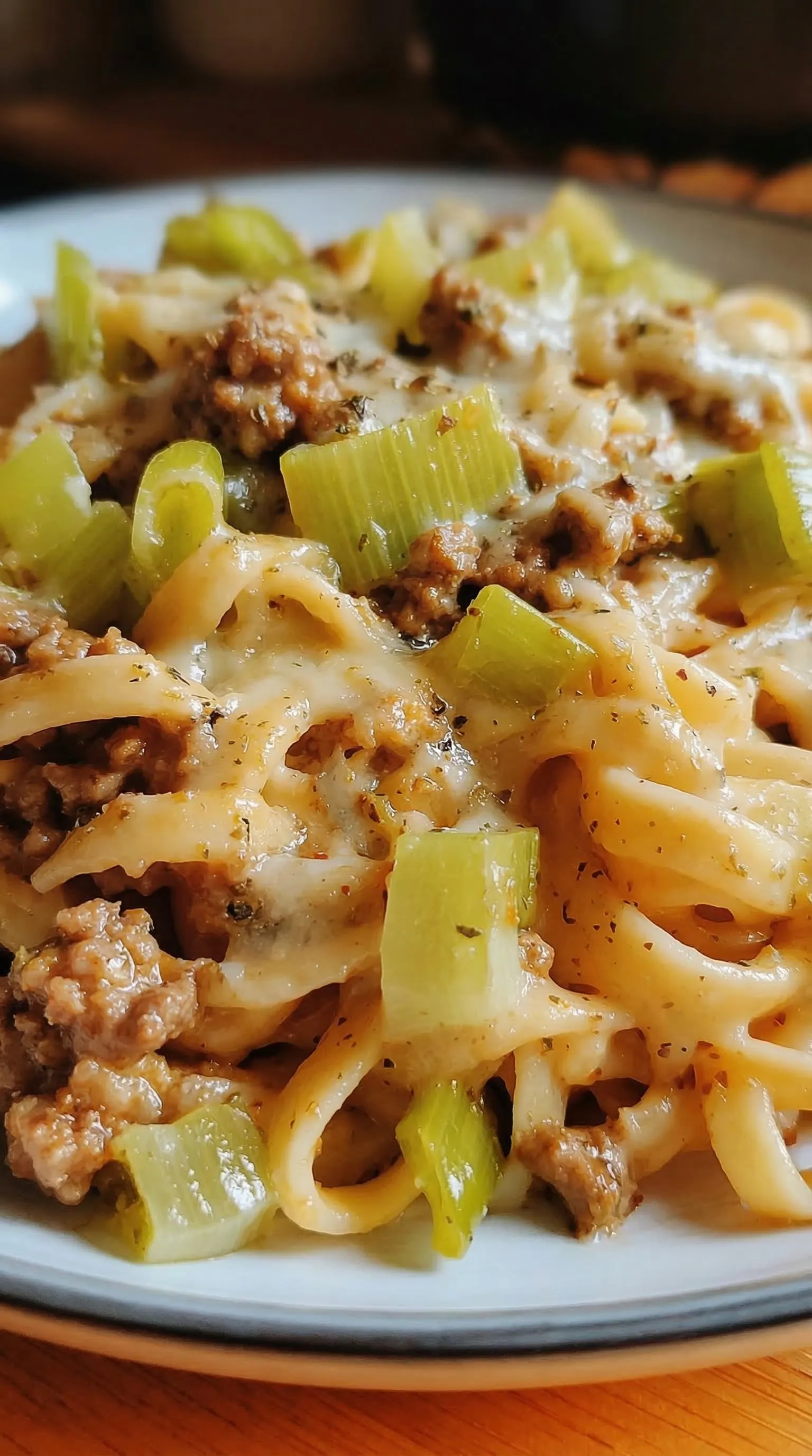 Eine Schüssel mit Käse-Lauch Pasta und Hackfleisch.