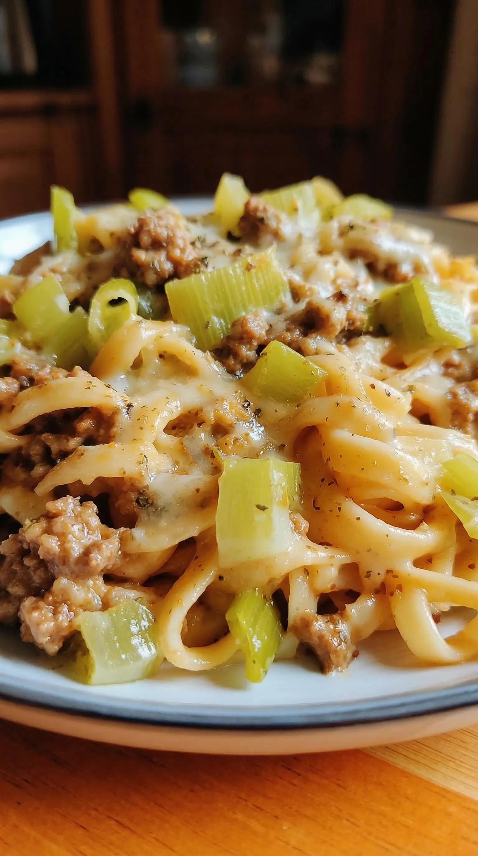 Ein Bild von einer Pasta-Gerichte, die mit Käse und Lauch zubereitet wurde. Die Pasta ist in der Mitte des Bildes und umgeben von Käse und Lauch.