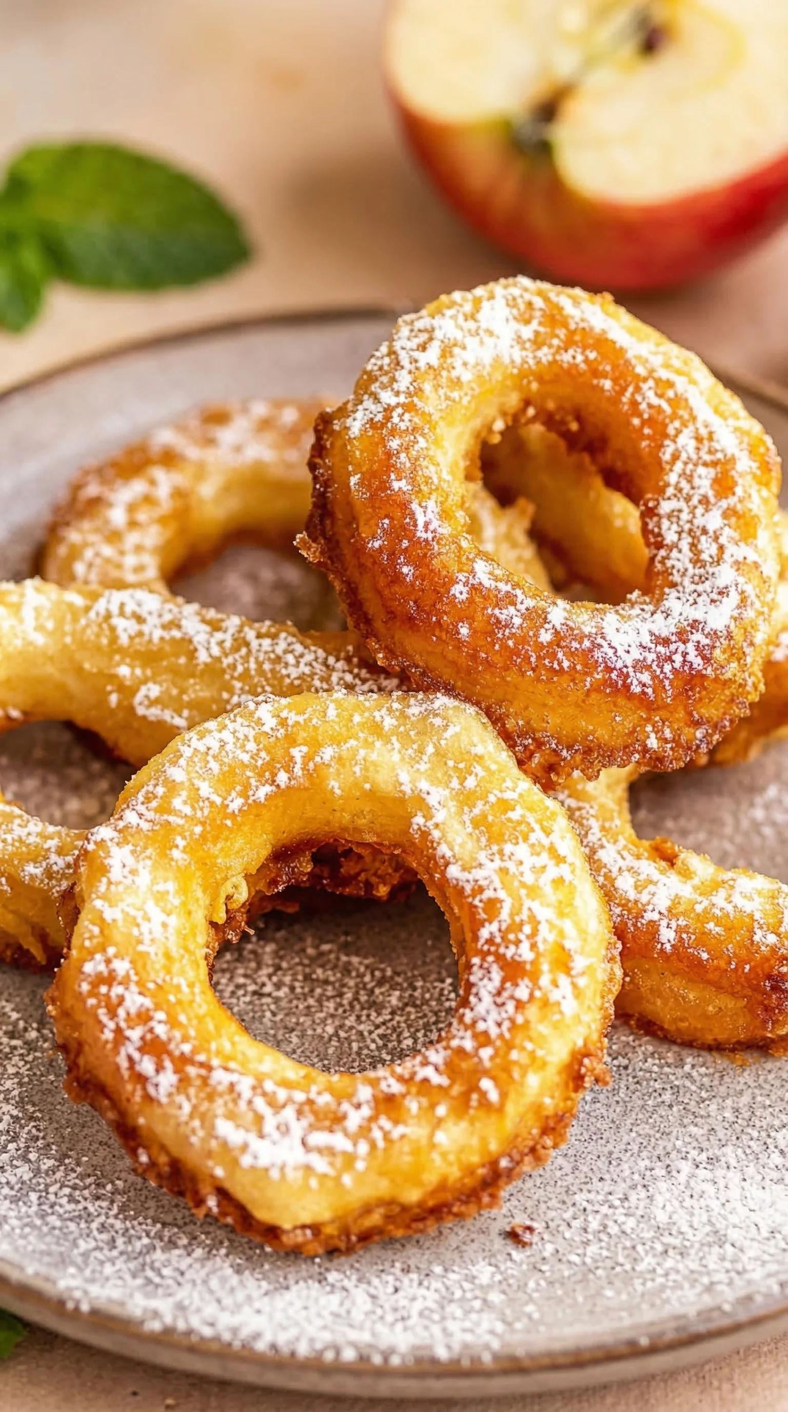 Zwei Apfelringe mit Zimt und Zucker auf einem Teller.