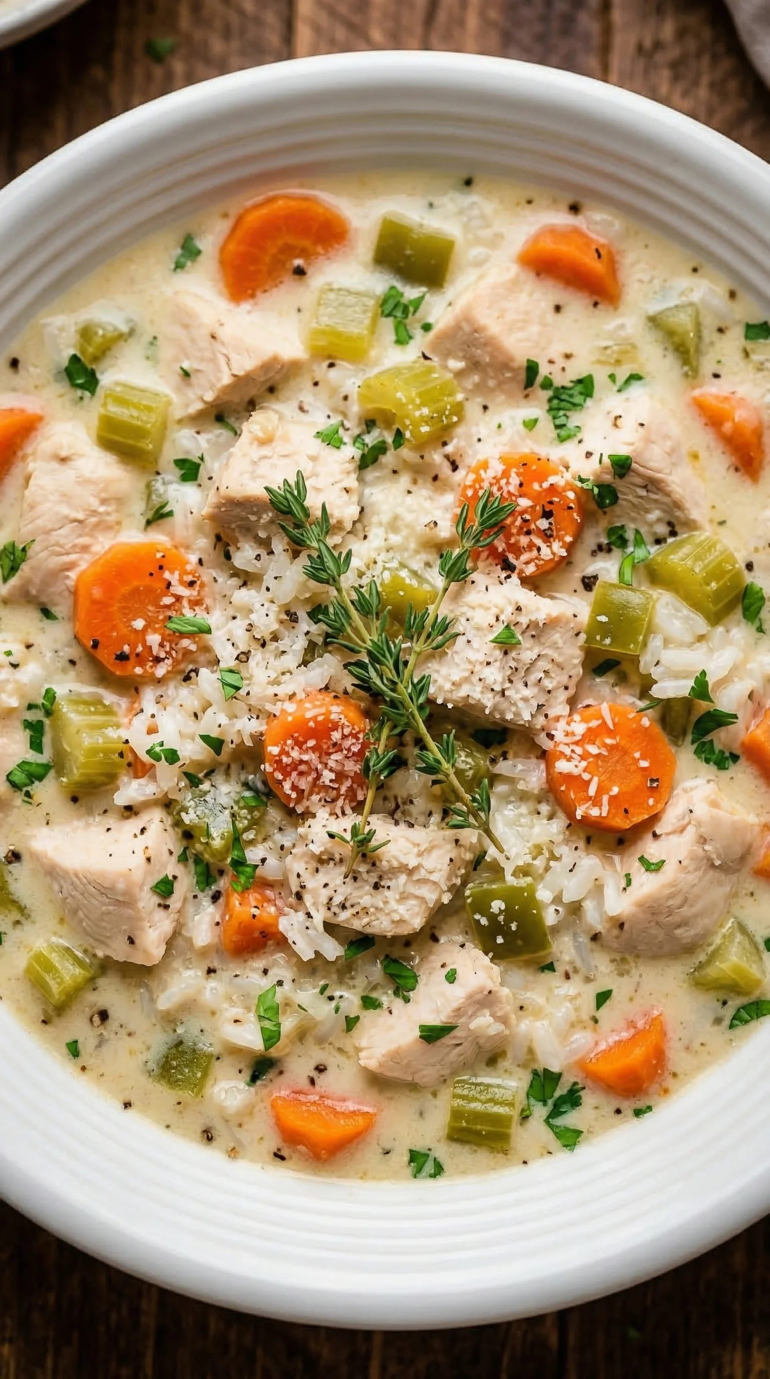 Eine Cremige Hühner-Reis-Suppe mit vielen Zutaten wie Karotten, Zwiebeln, Knoblauch und Gewürzen.