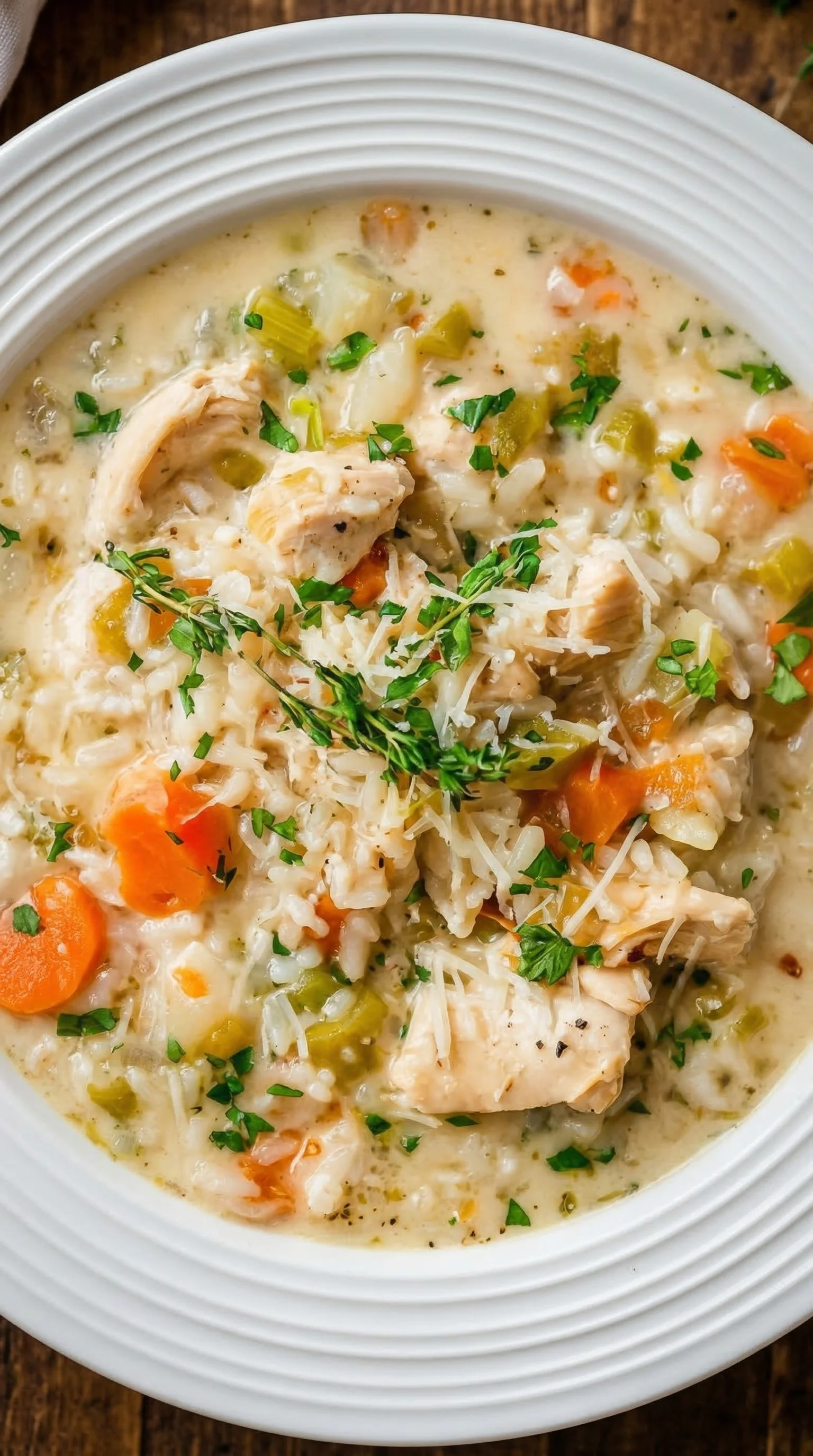 Eine Cremige Hühner-Reis-Suppe mit vielen Zutaten wie Karotten, Zwiebeln, Knoblauch und Parmesan.