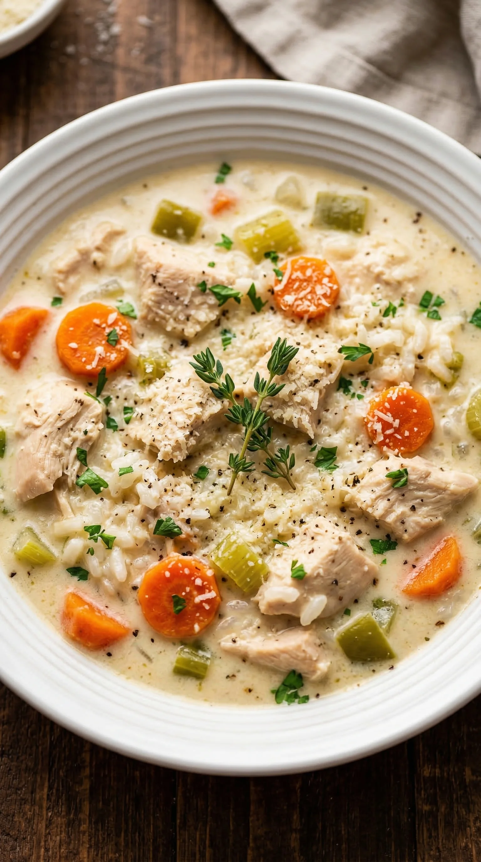 Eine Cremige Hühner-Reis-Suppe mit vielen Zutaten wie Karotten, Zwiebeln, Knoblauch und Gewürzen.