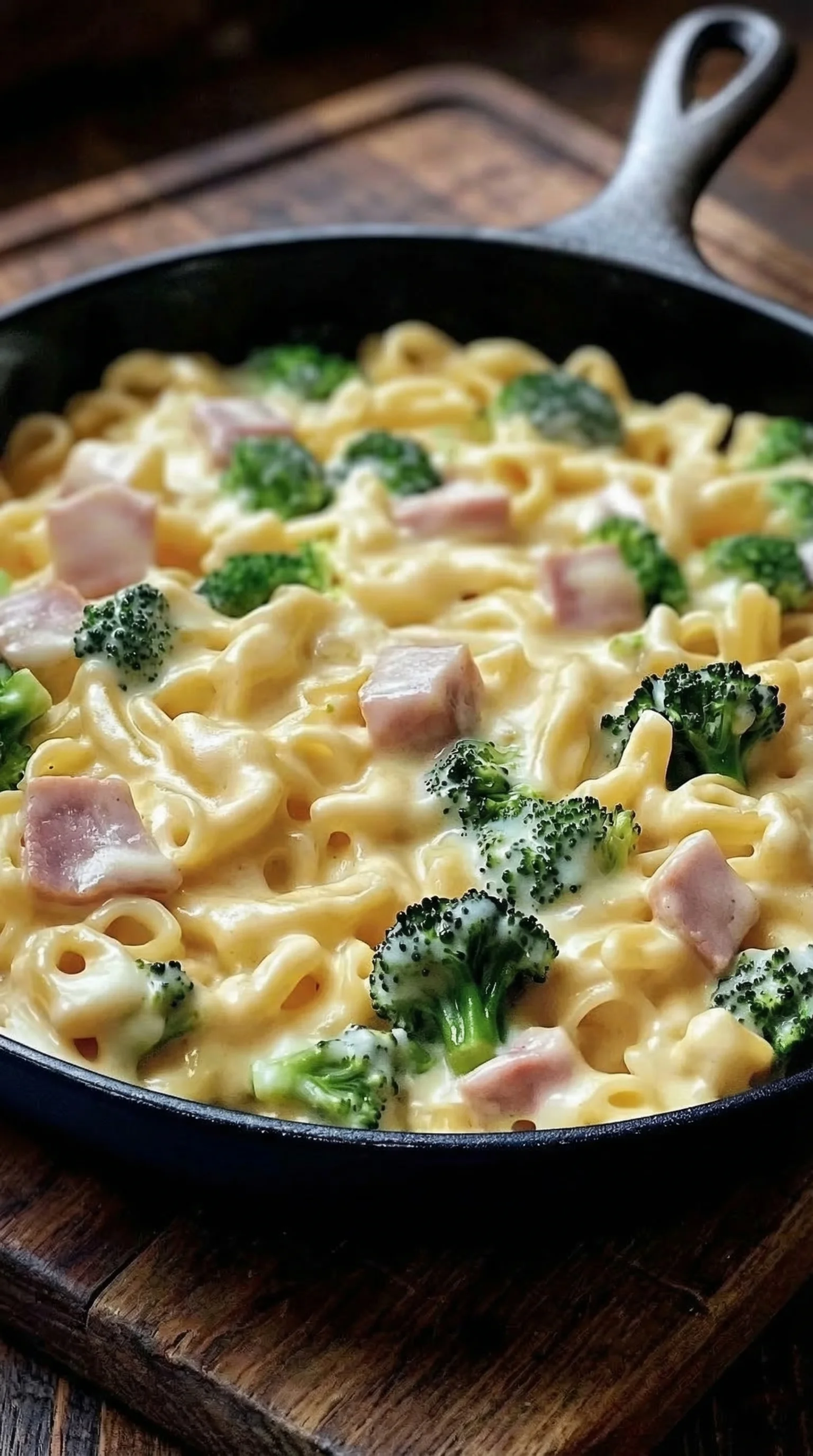 Eine Schüssel mit einer cremigen Pasta-Gericht, das mit Brokkoli und Schinken zubereitet wurde.