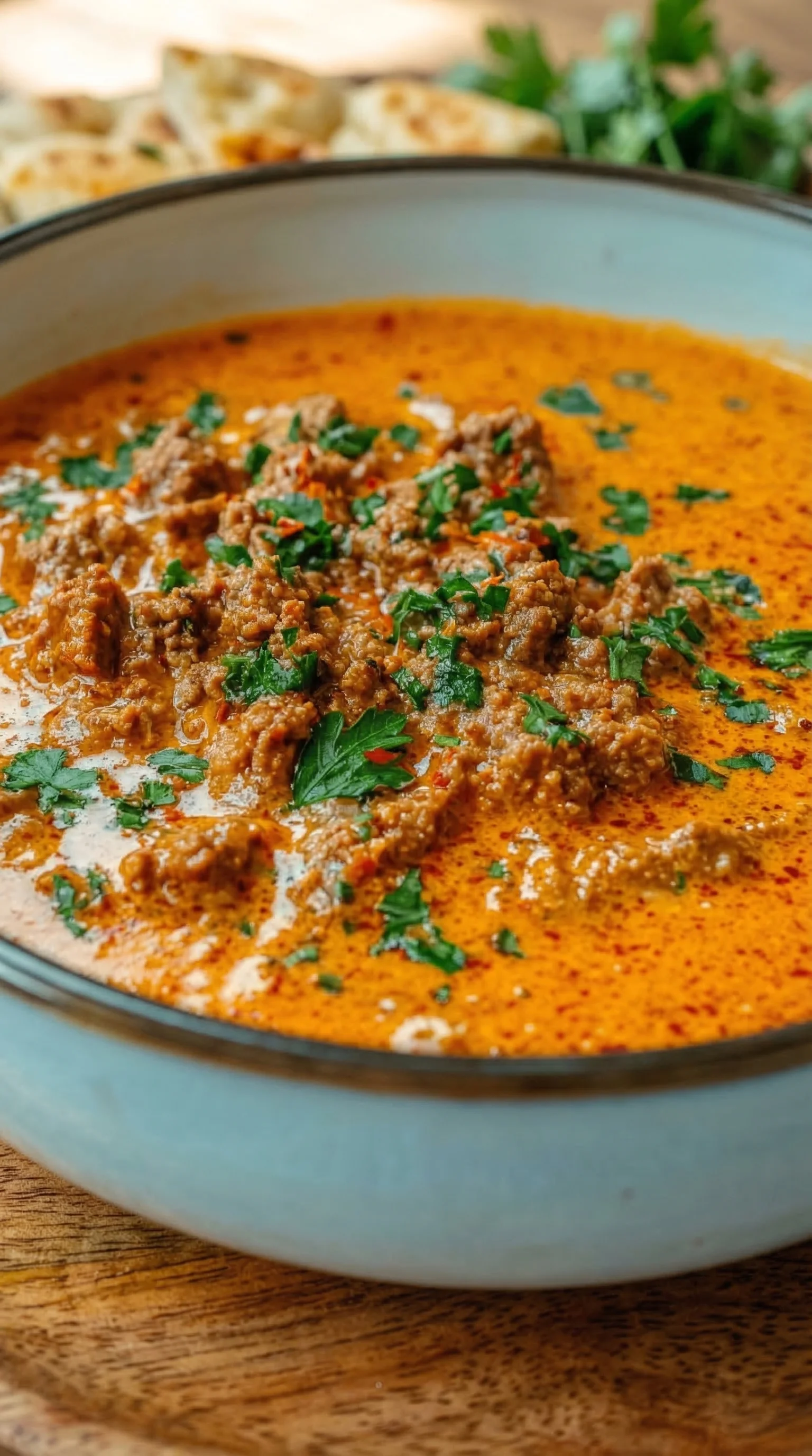 Schüssel mit einer Aromatischen Ajvar Suppe, die mit Hackfleisch gefüllt ist.