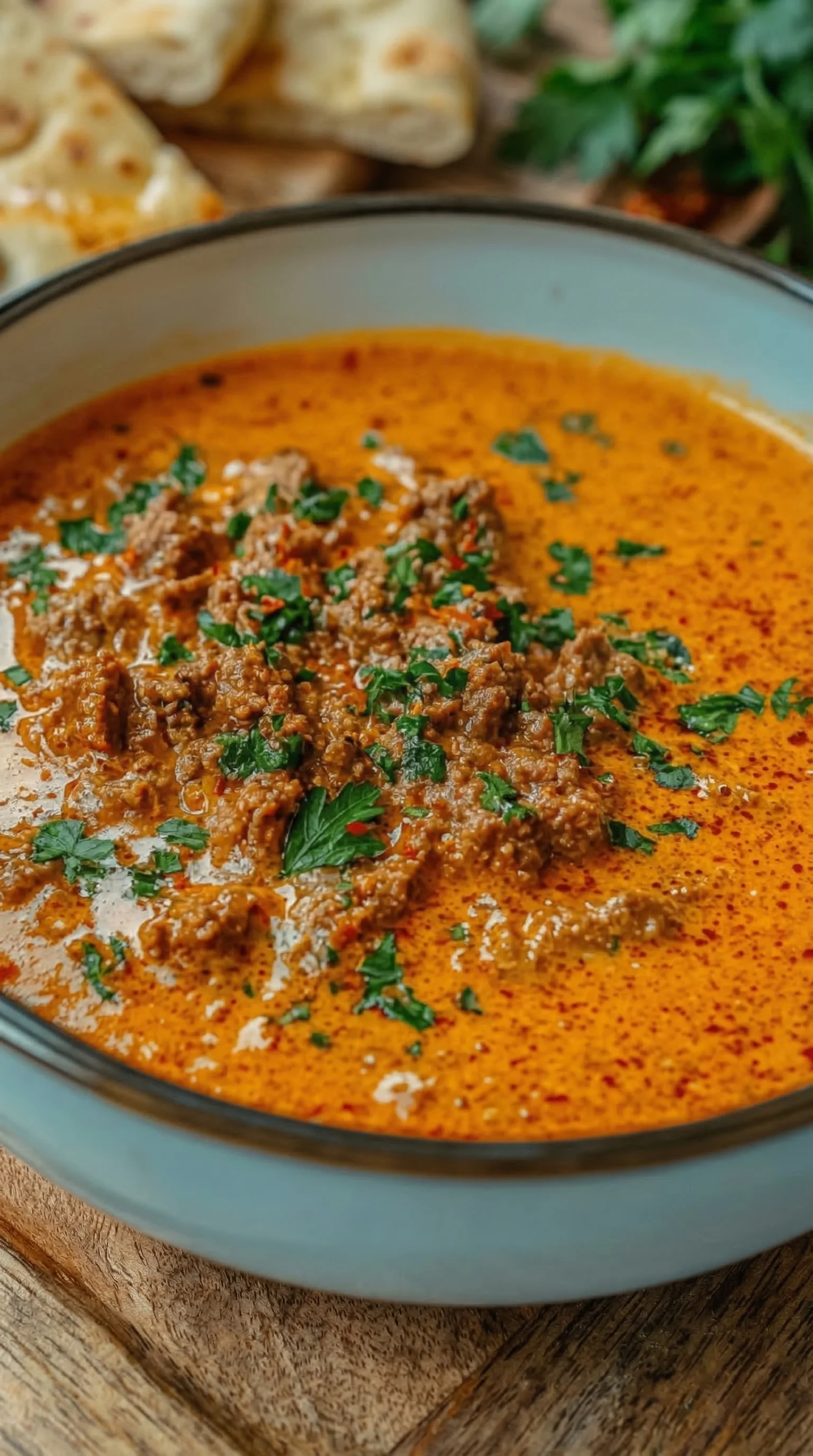 Eine Schüssel mit einer Aromatischen Ajvar Suppe, die mit Hackfleisch gefüllt ist.
