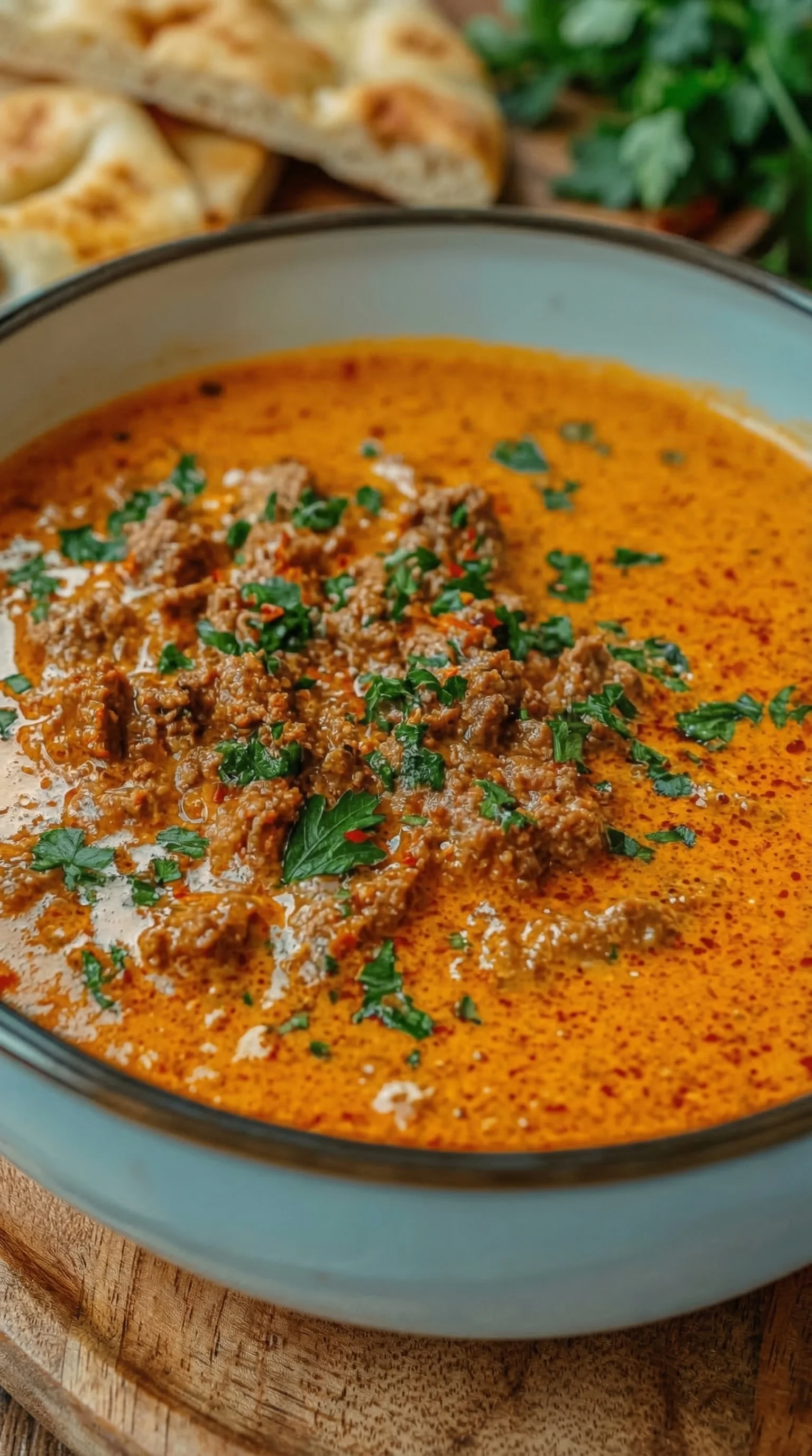 Eine Schüssel mit einer Aromatischen Ajvar Suppe, die mit Hackfleisch gefüllt ist.