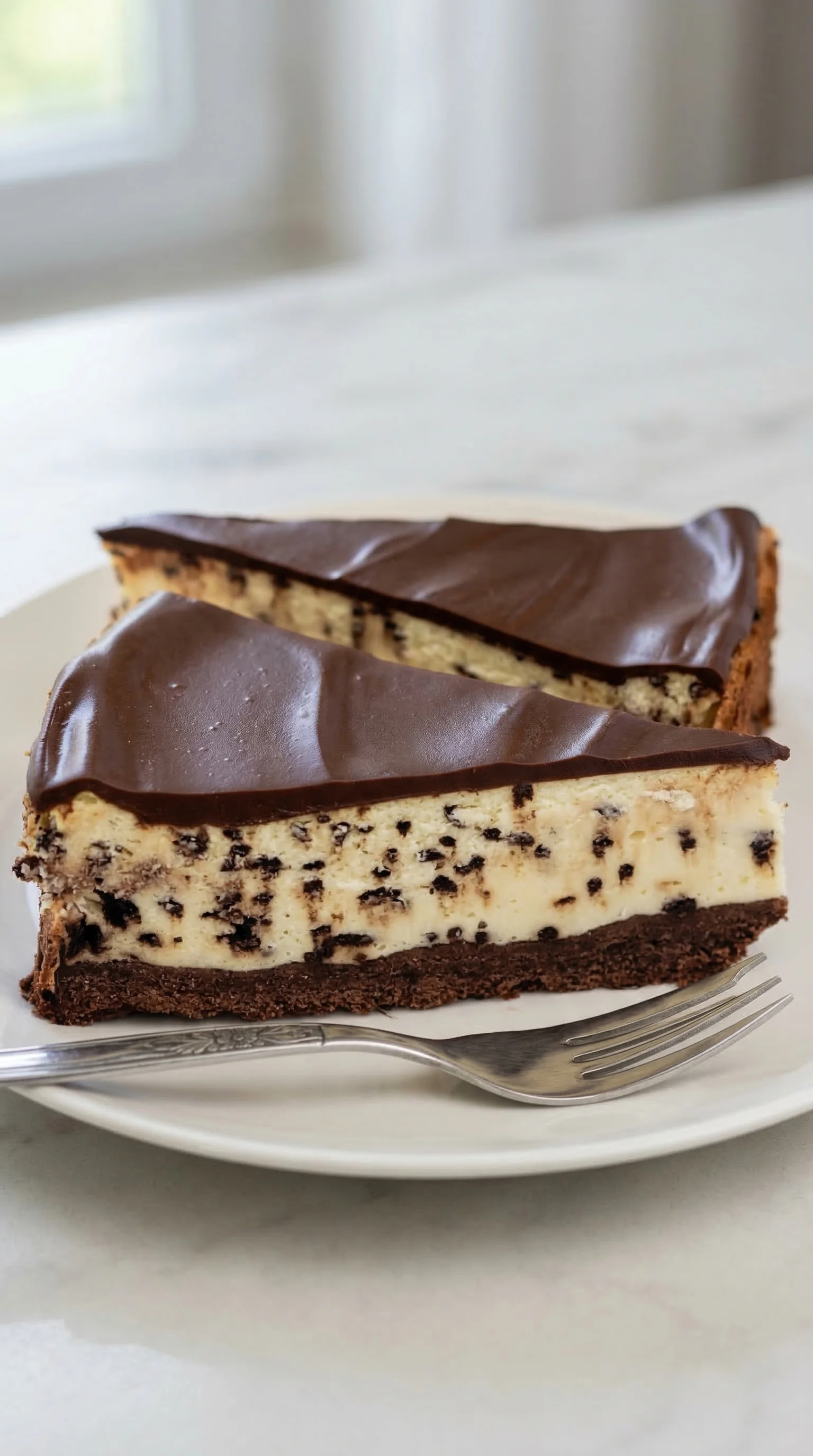 Ein Stracciatella-Käsekuchen auf einem weißen Teller.