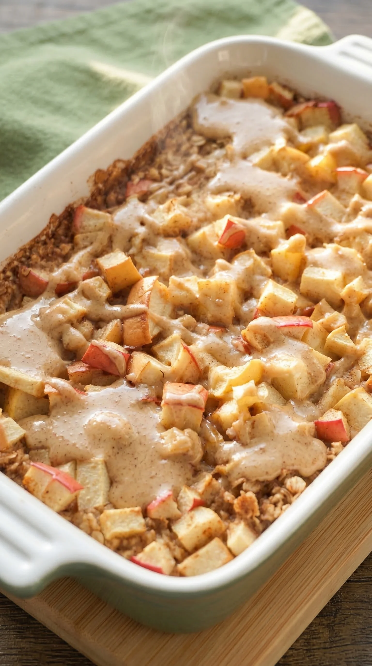 Ein Baked Oatmeal Apfel-Zimt in einem weißen Behälter.