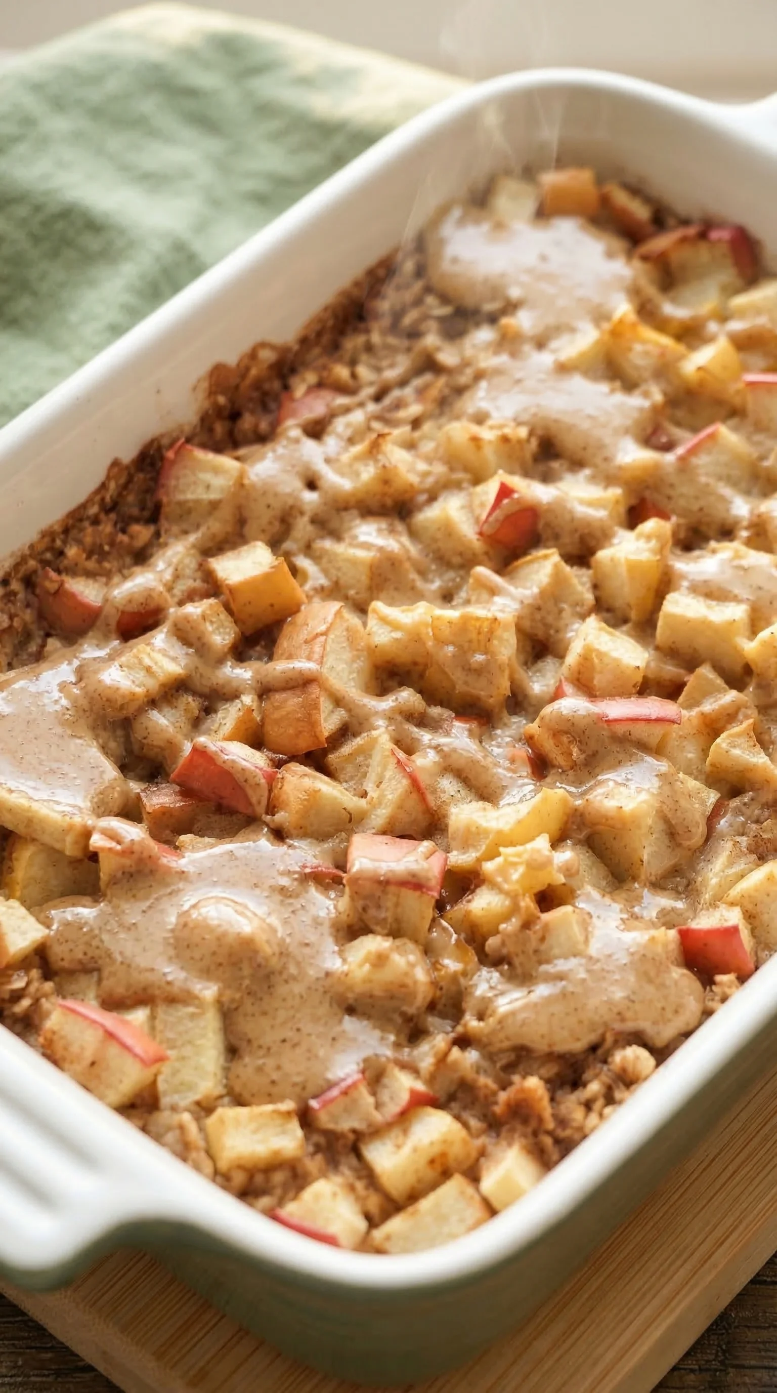 Ein weißer Teller mit einer Zimt-Apfel-Oatmeal-Mischung, die in einem Bake-Oven zubereitet wurde.