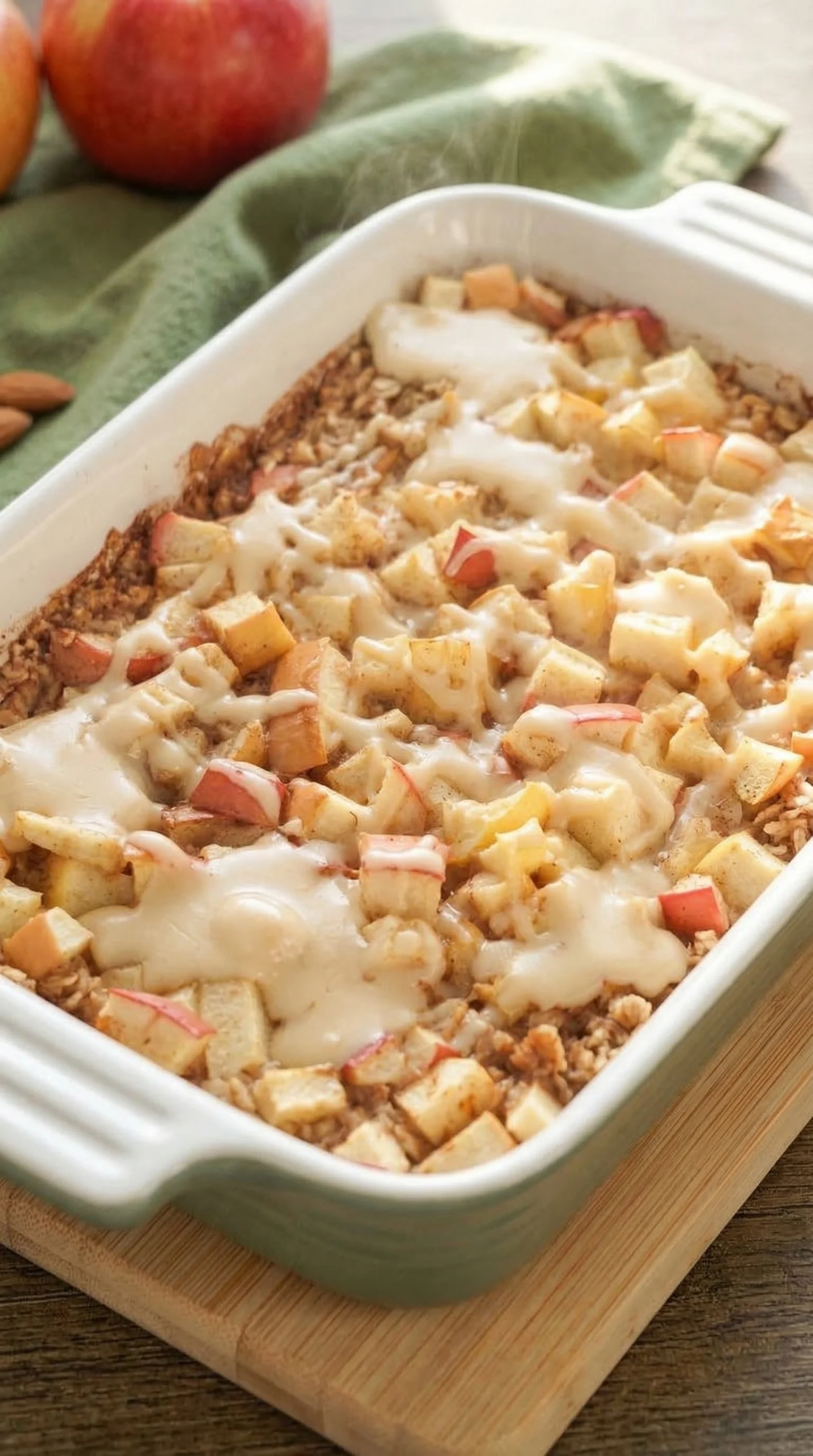 Ein weißer Teller mit einer Mischung aus Apfel, Zimt und Oatmeal.