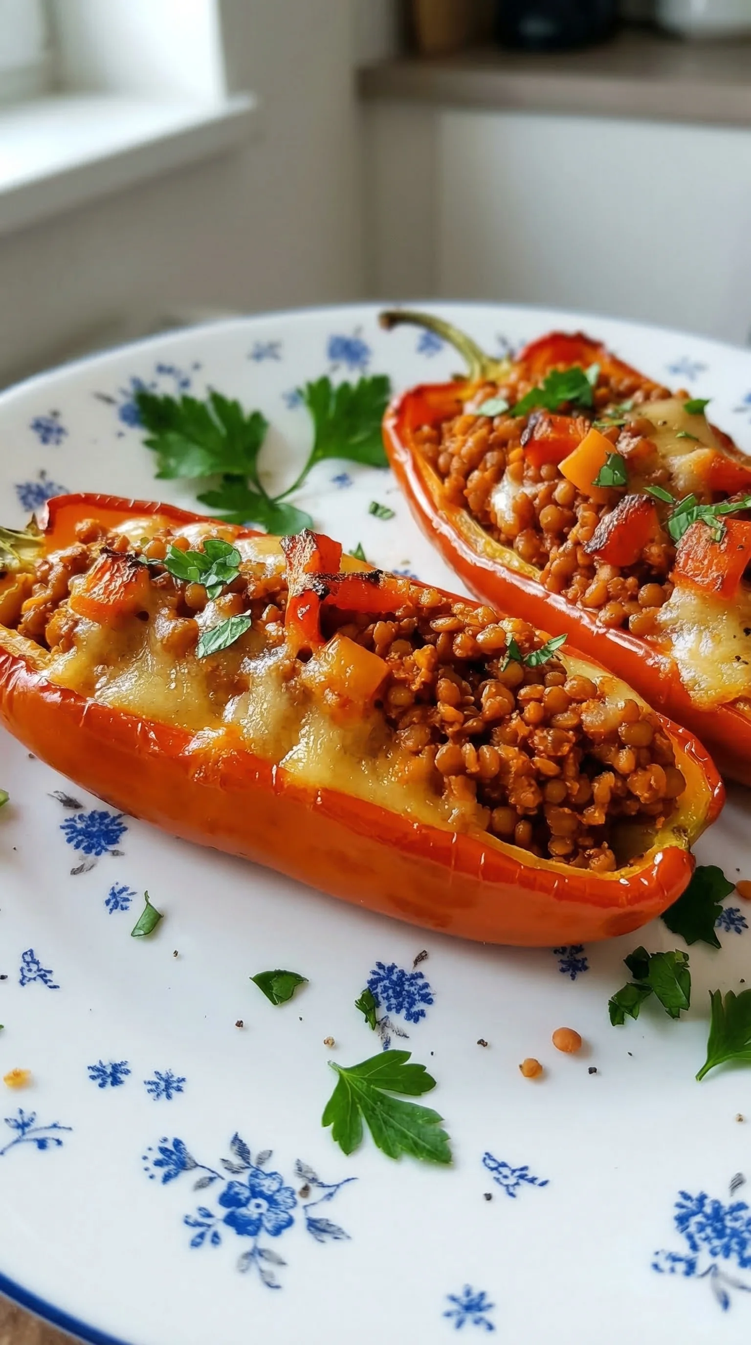 Eine Platte mit zwei Gef&uuml;llten Spitzpaprika mit roten Linsen darauf.
