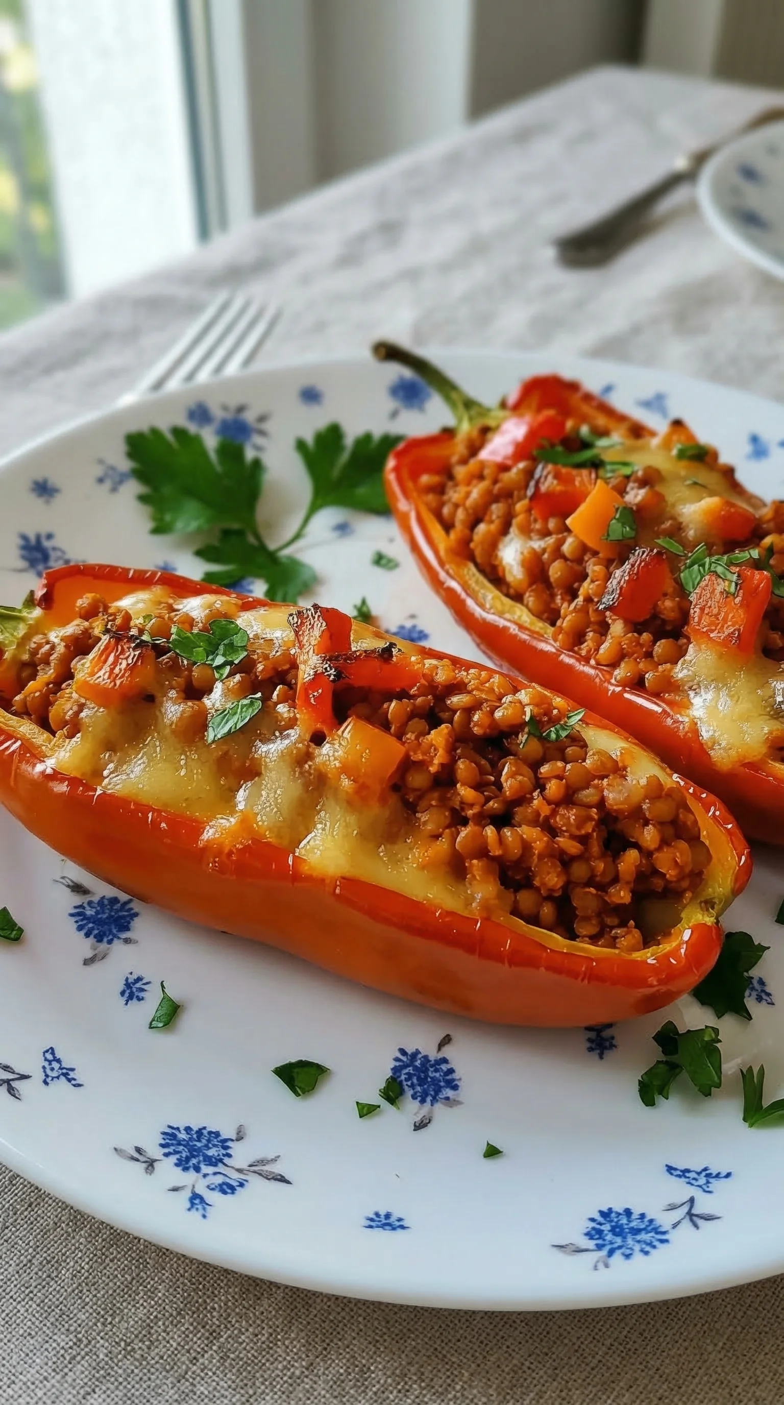 Zwei Gef&uuml;llte Spitzpaprika mit roten Linsen auf einem wei&szlig;en Teller.