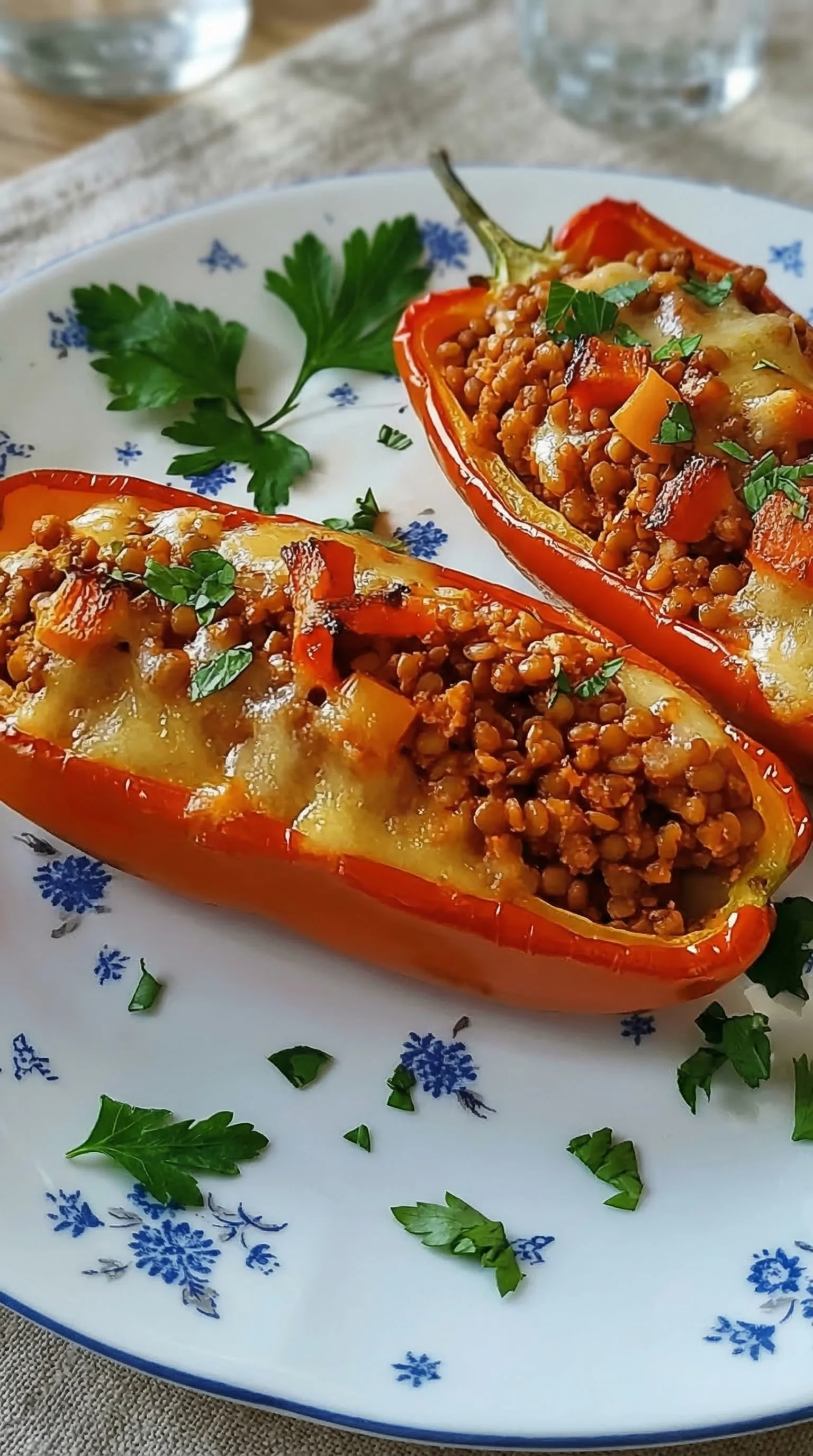 Eine gefüllte Spitzpaprika mit roten Linsen auf einem weißen Teller.