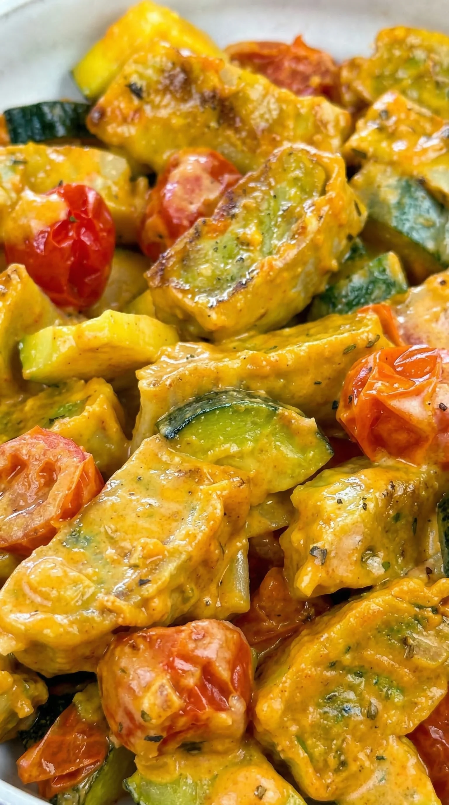Eine Cremige Maultaschenpfanne mit Zucchini und Tomaten.