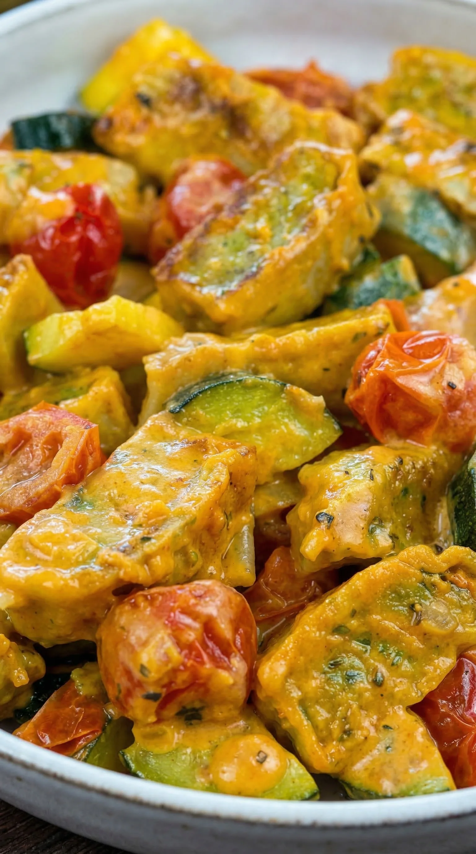 Eine Cremige Maultaschenpfanne mit Zucchini und Tomaten.