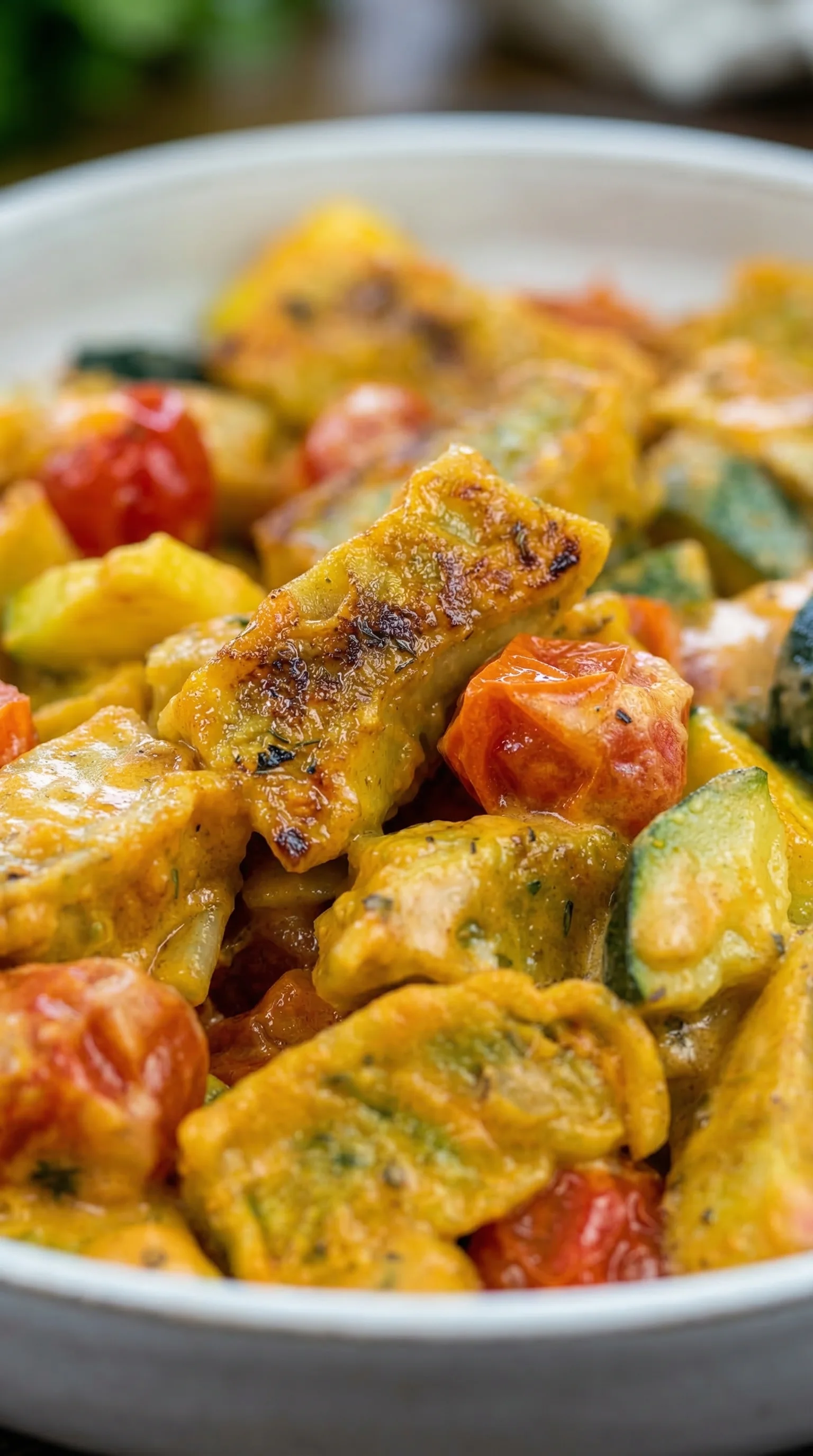 Eine Cremige Maultaschenpfanne mit Zucchini und Tomaten.