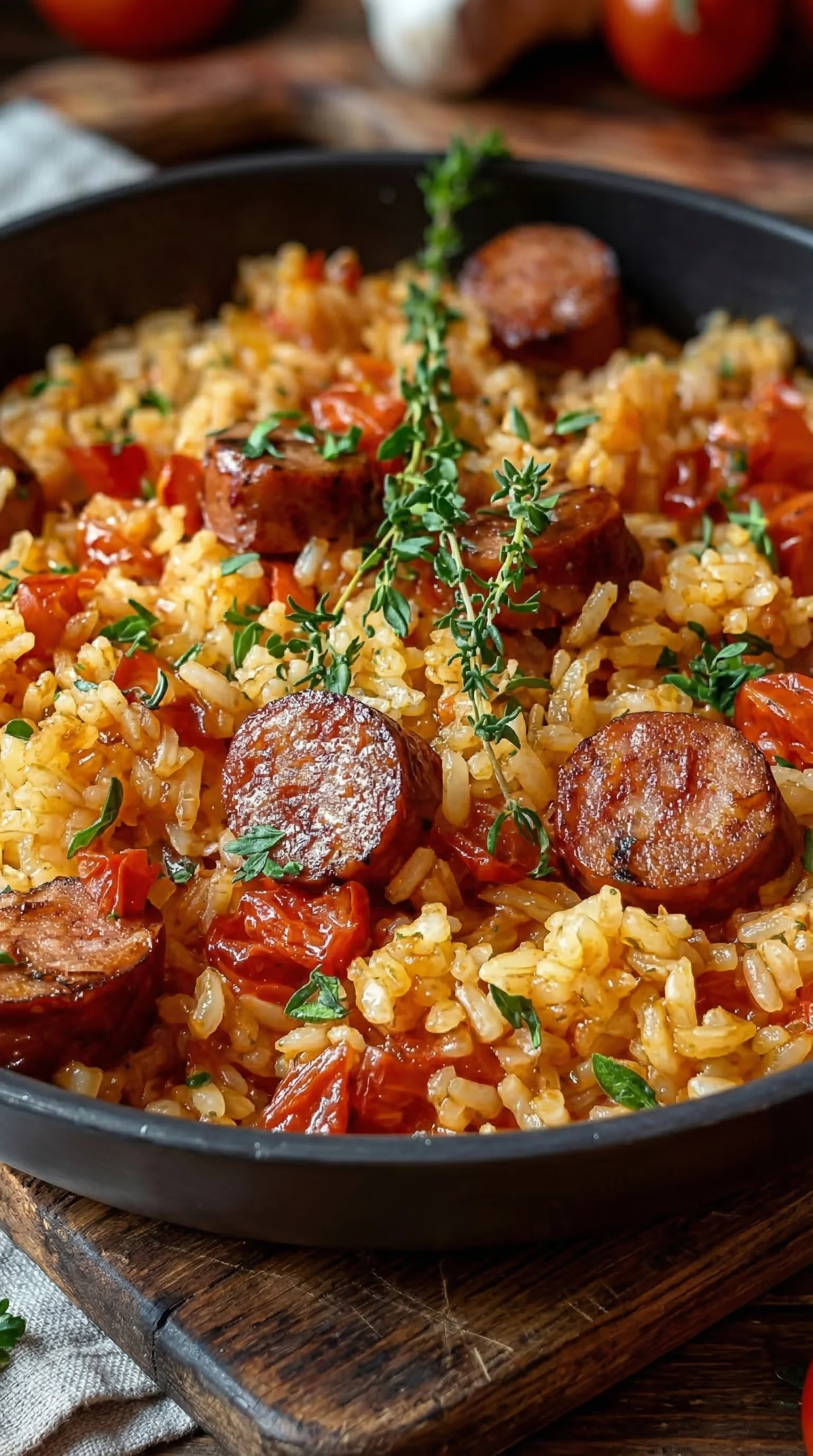 Eine Reispfanne mit Wurst, Tomaten, Zwiebeln und Basilikum.