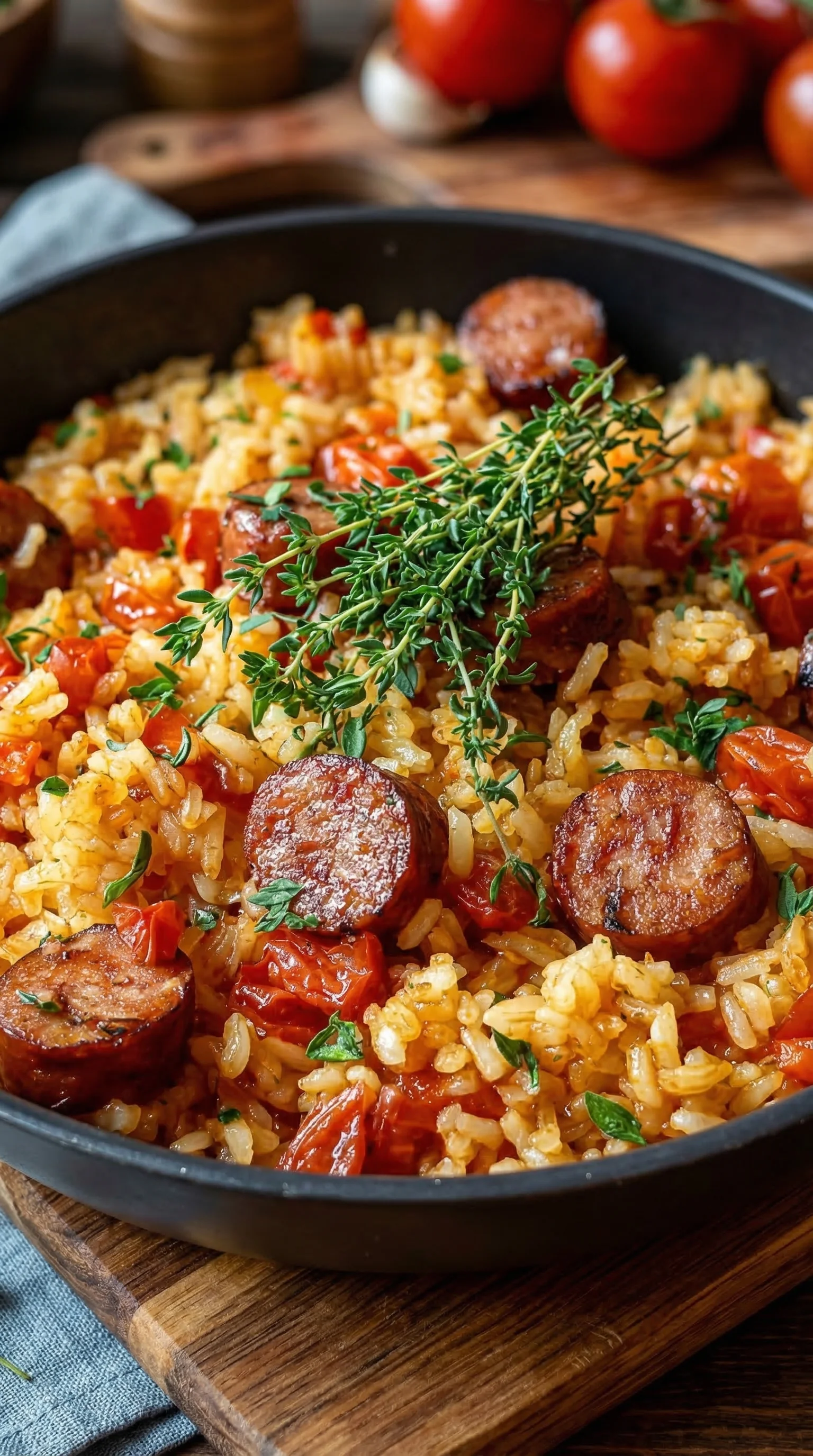 Eine Reispfanne mit Wurst, Tomaten, Zwiebeln und Basilikum.
