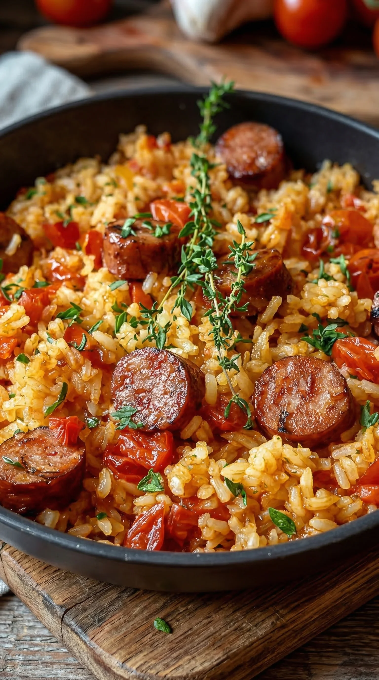 Eine Reispfanne mit Wurst und Tomaten.